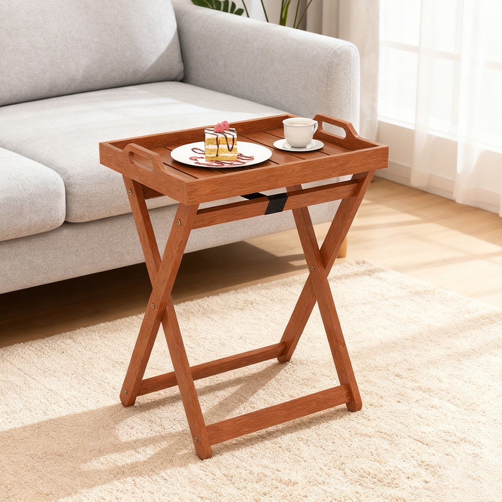 Outdoor Wood Tray Table Portable Side End Table with Folding Frame