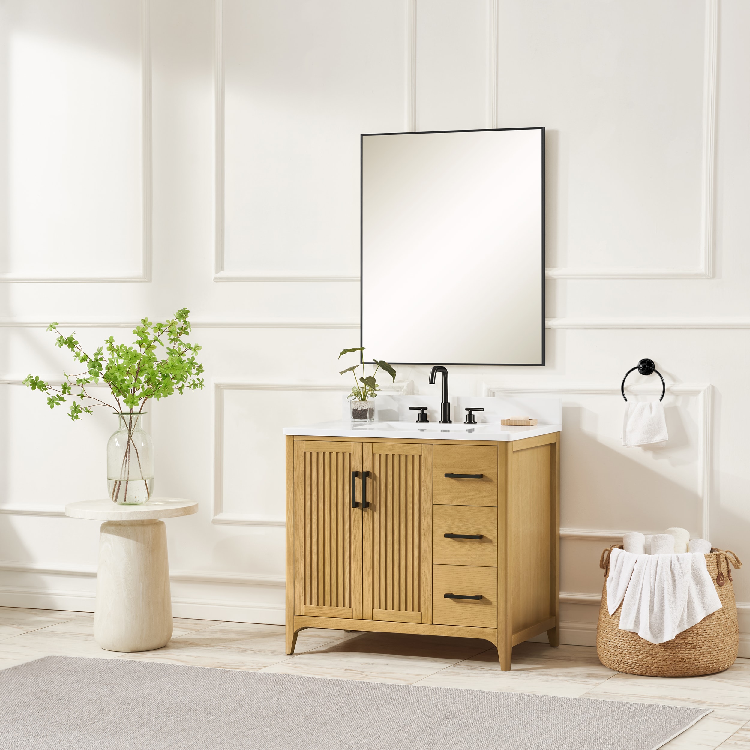 36 inch solid wood pre-assembled bathroom vanity with Power Supply--Natural Oak