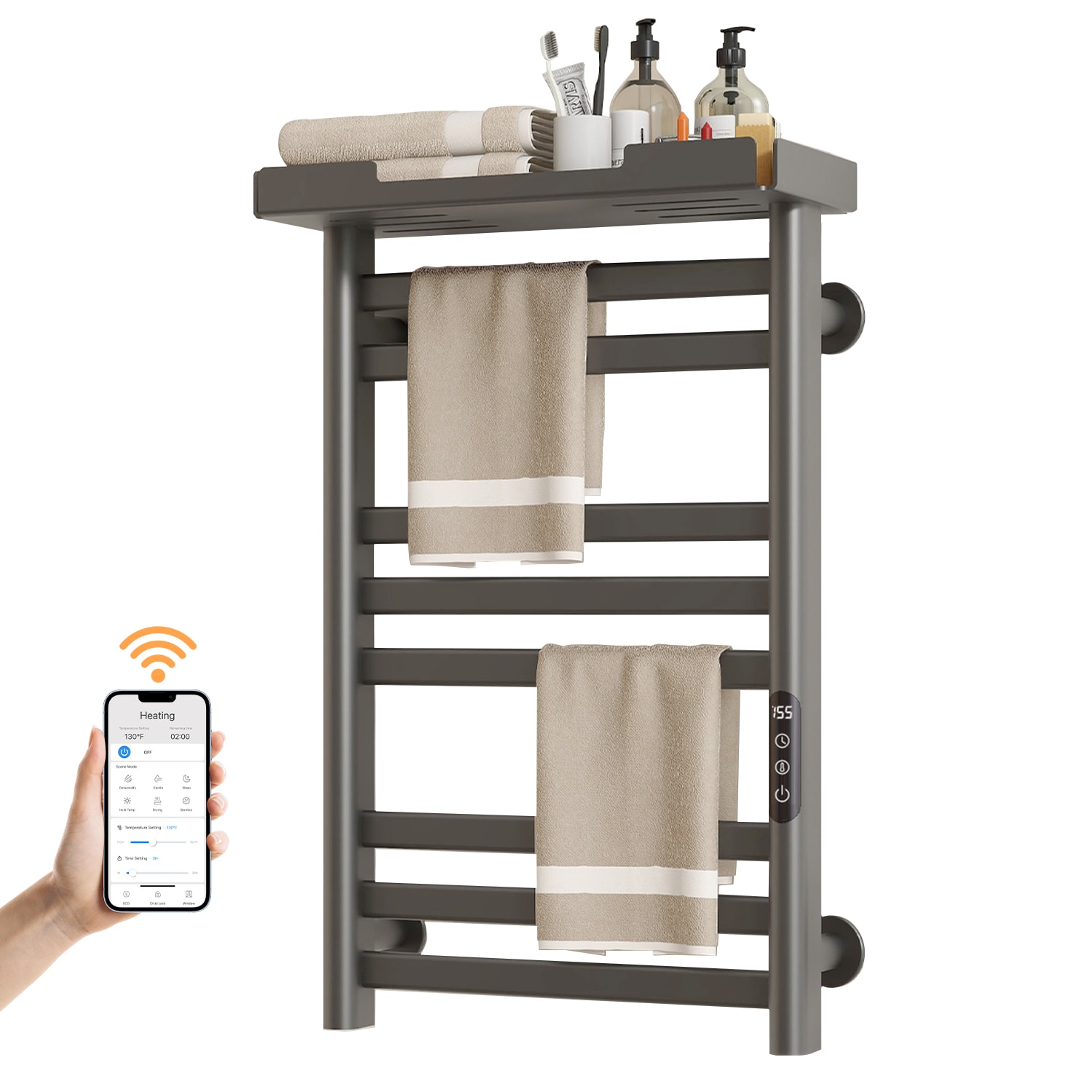 SIOYIE Heated Towel Rack with Shelf and Wi-Fi App Control, 8 Bars Electric Wall Mounted Towel Warmer with Timer & Adjustable Temperature, Low Carbon S