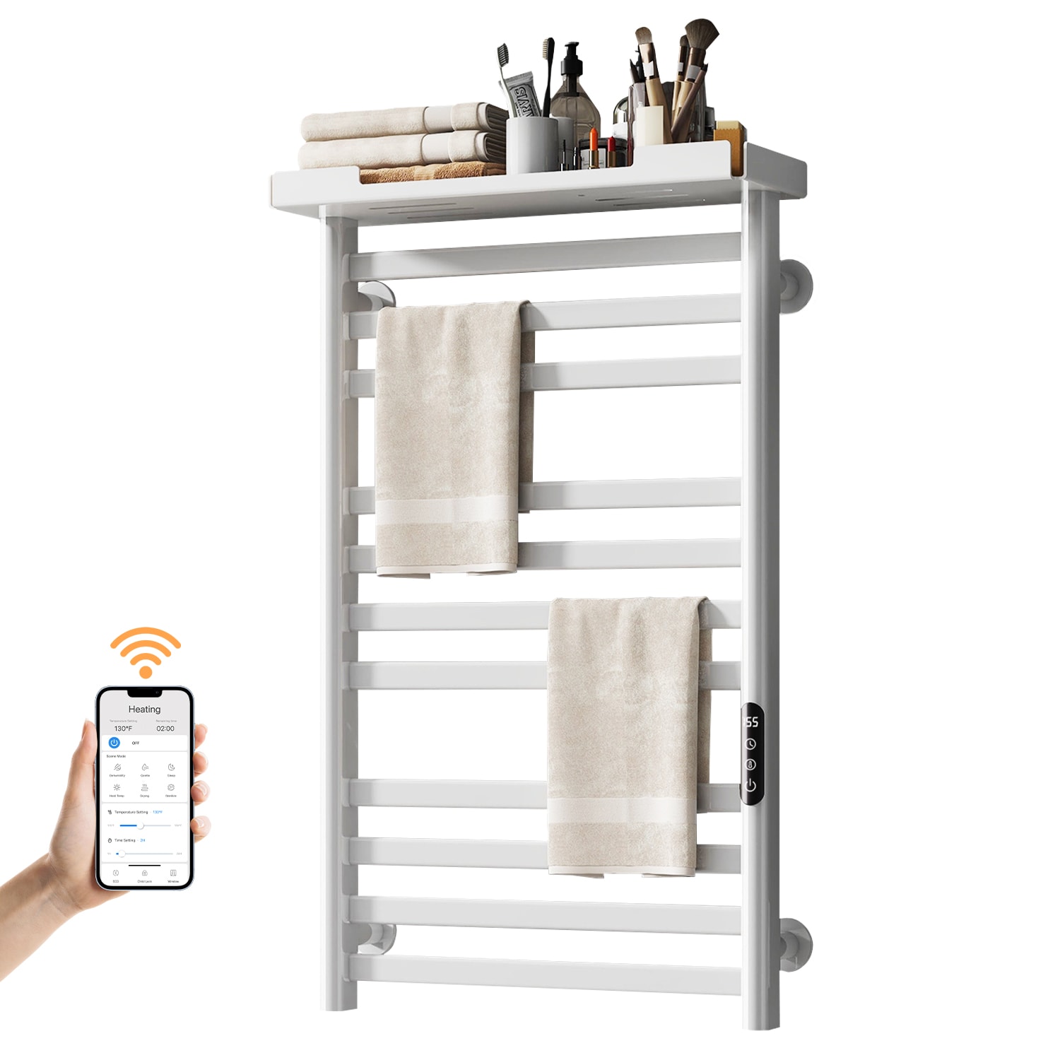 SIOYIE Heated Towel Rack with Shelf and Wi-Fi App Control, 11 Bars Electric Wall Mounted Towel Warmer with Timer & Adjustable Temperature, Low Carbon 