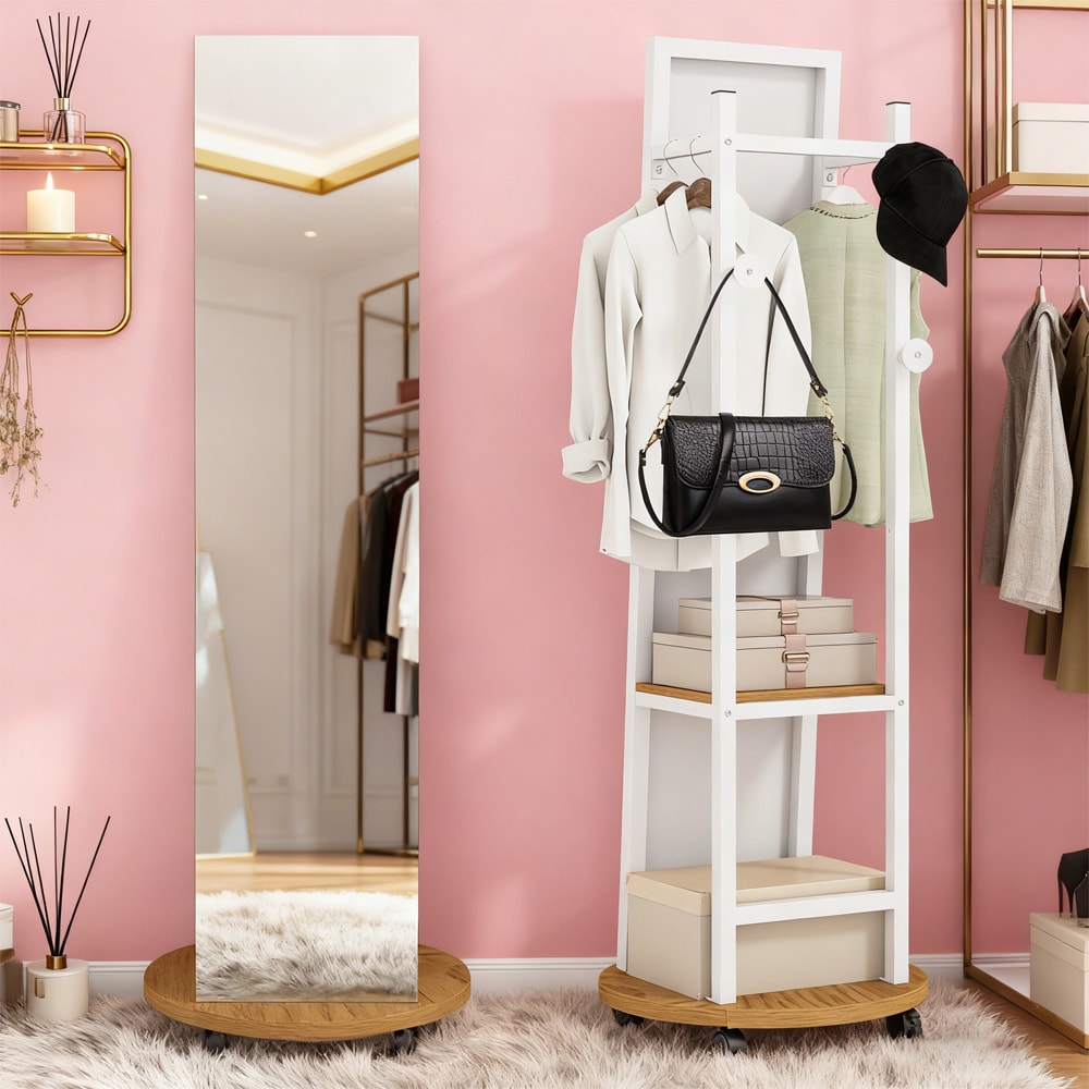 Coat Rack with Full Length Mirror Freestanding Coat Tree with 3 Hooks