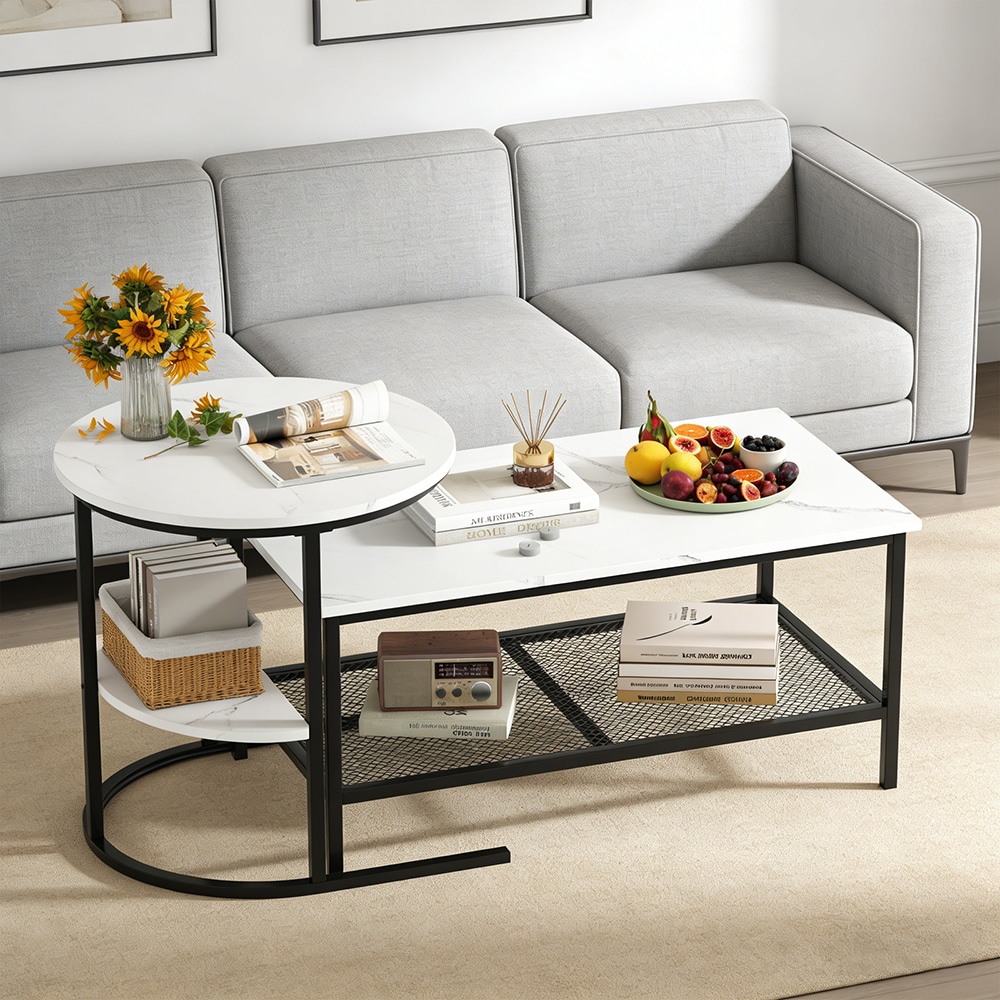 Coffee Table 2-Tier Rectangle Coffee Table and Side End Table with Storage Shelves