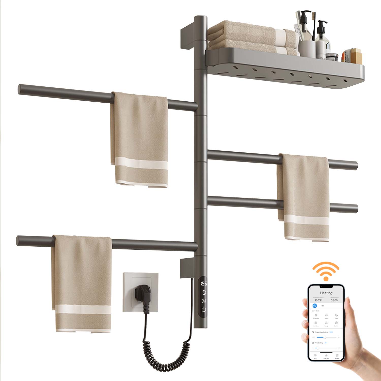 SIOYIE Smart Rotating Heated Towel Rack for Bathroom, Wall-Mounted Electric Towel Dryer with Swivel Bars & Shelf, Smart Timer, Low Carbon Steel, Plug-