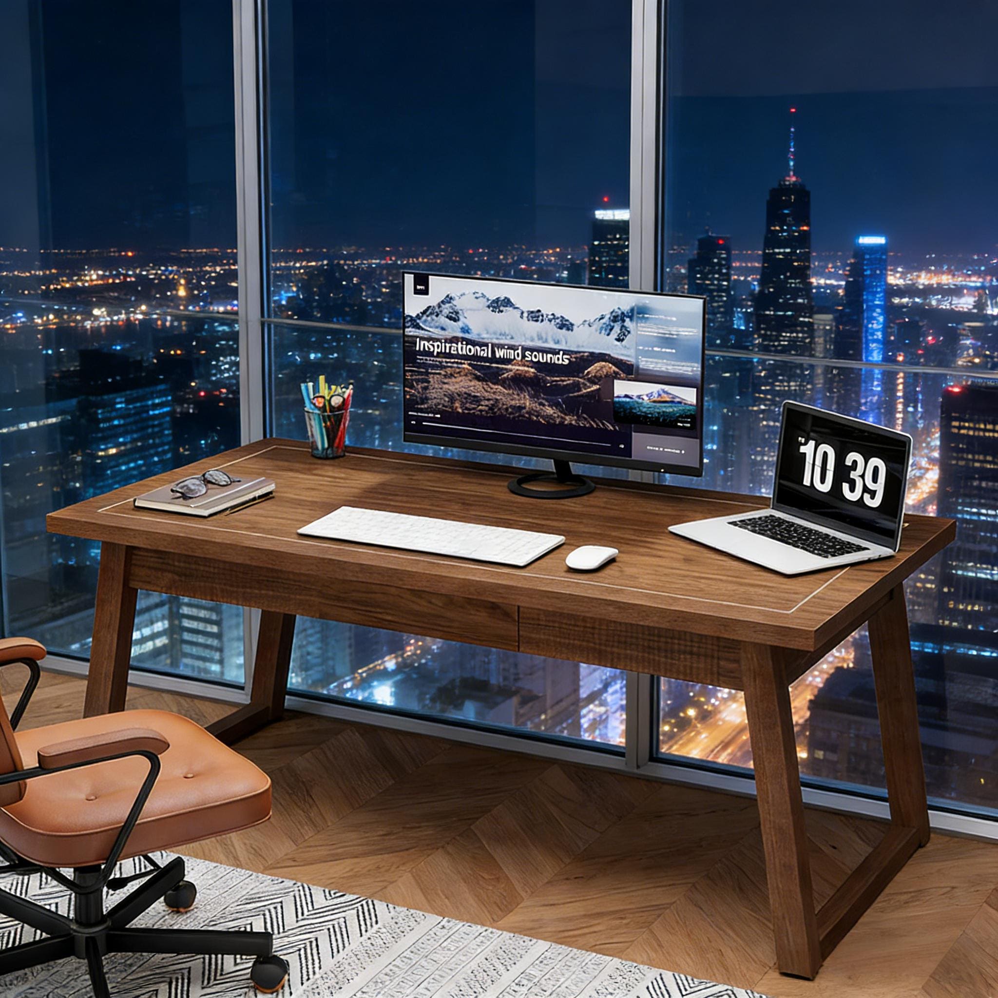 Wood Computer Desk, Mid-Century Modern Study Writing Table with Drawer