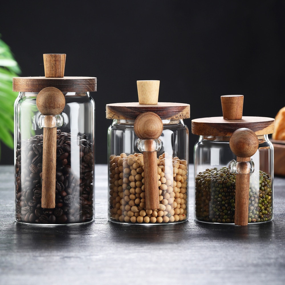 Glass Coffee Jars with Spoons, Candy Jars, Biscuit Jars, Storage Jars, Tea Jars, Snack Jars, Seasoning Jars, Salt Jars, Pepper Jars