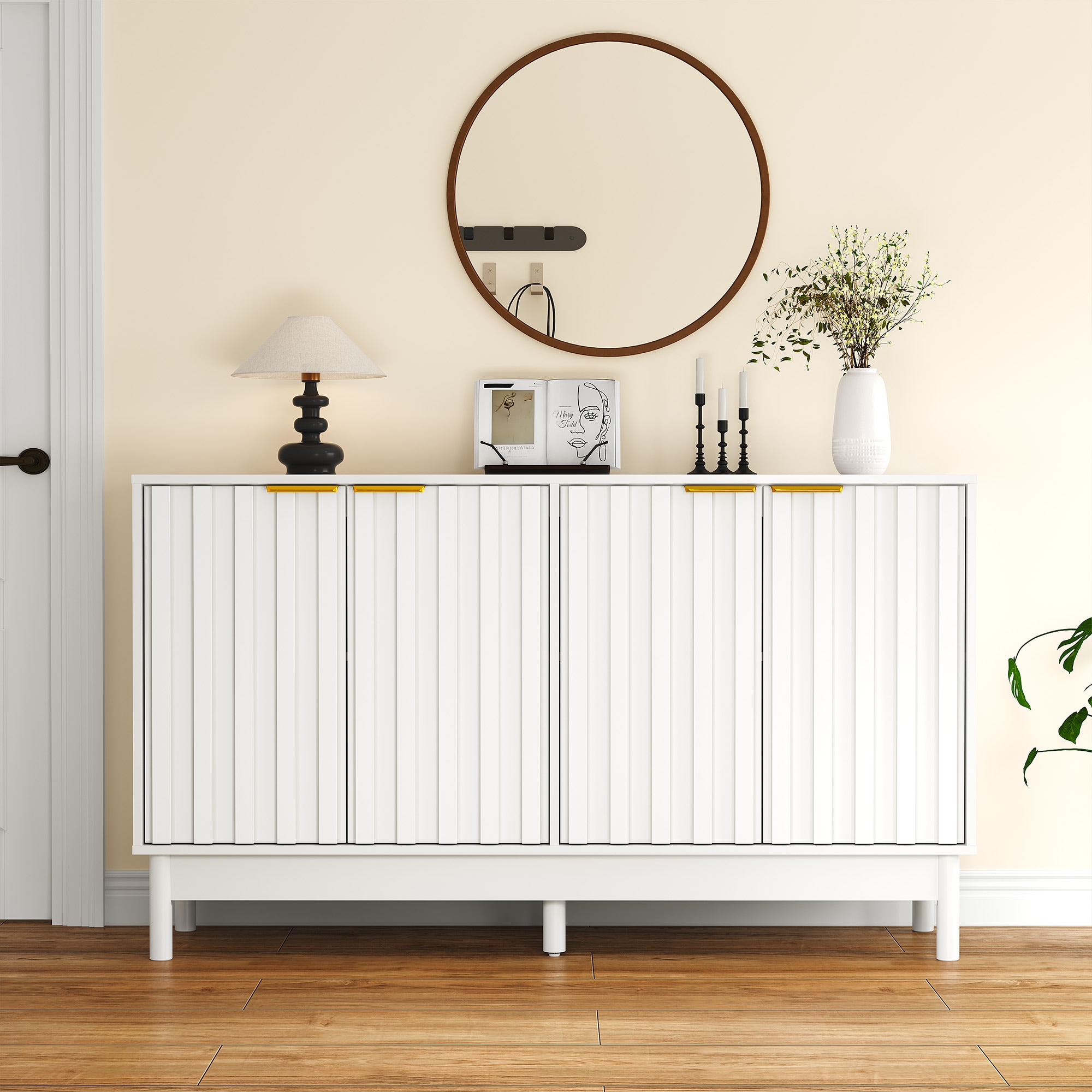 55'' Buffet Cabinet with Storage, Fluted Sideboard with Doors and Adjustable Shelves, Wood Credenzas Console Table, Coffee Bar Cabinet for Kitchen, Di