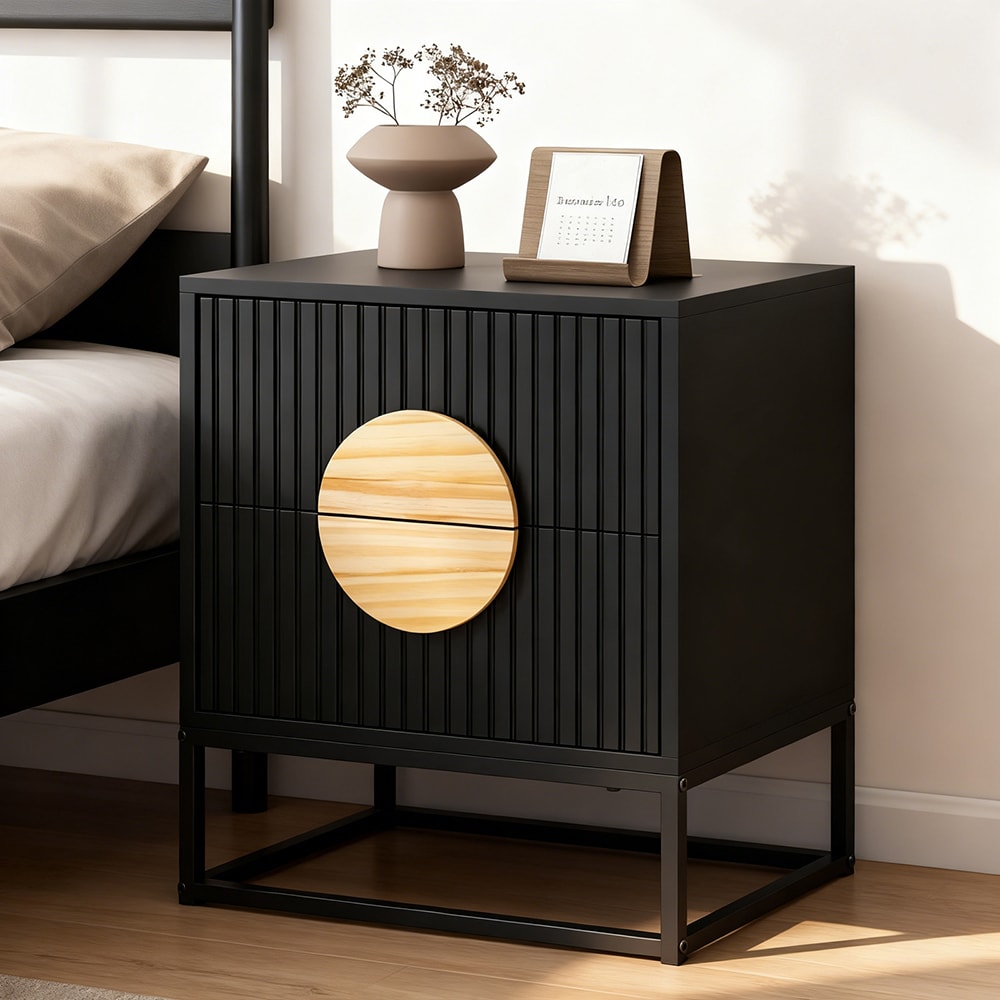 Modern Mid Century Fluted Nightstand with 2 Drawers and Pine Wood Handles for Bedroom