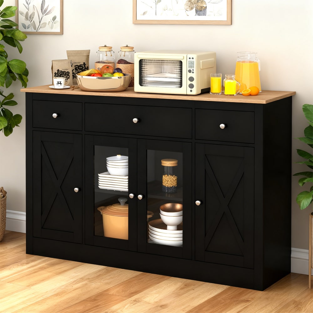 55 inch Large Buffet Sideboard Kitchen Storage Cabinet with 3 Drawers 2 See-through Doors Adjustable Shelves Wine Bar Table