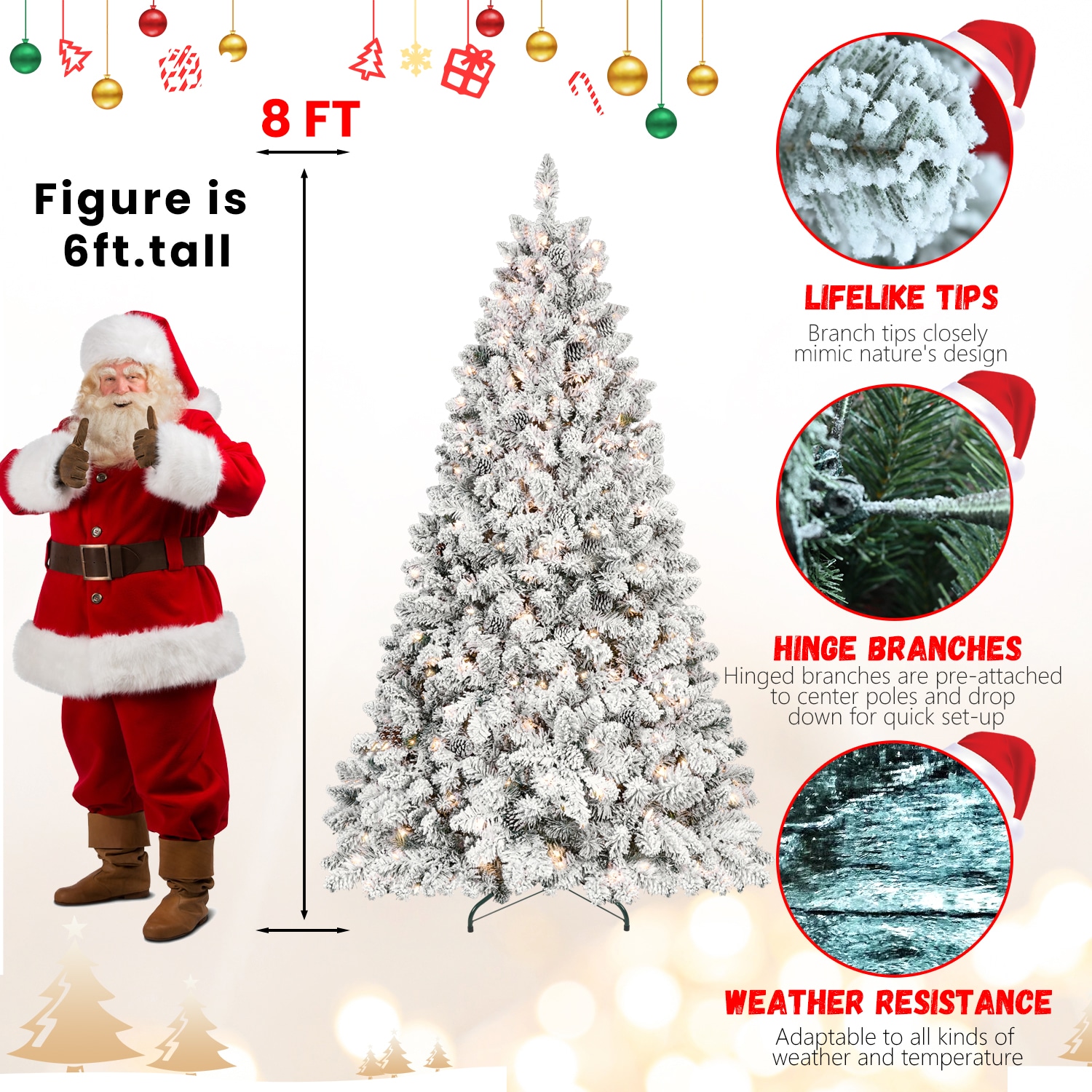 8ft pvc mixed floceked tree（54pcs pine cones）