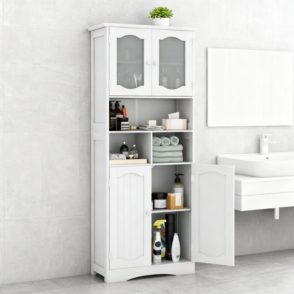 58.5 Inch Freestanding Linen Bathroom Storage Cabinet with Frost Glass Doors
