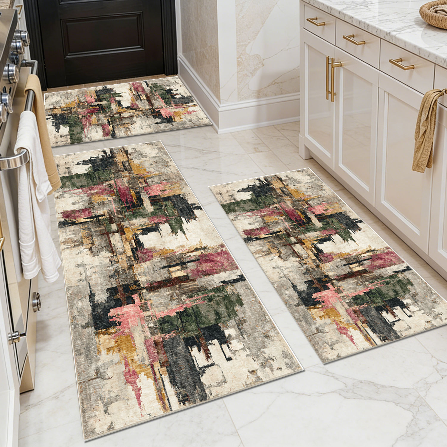 Three-piece kitchen rug set, non-slip and washable, abstract pattern kitchen hallway rug, soft and comfortable, suitable for sinks, floors, entrances,