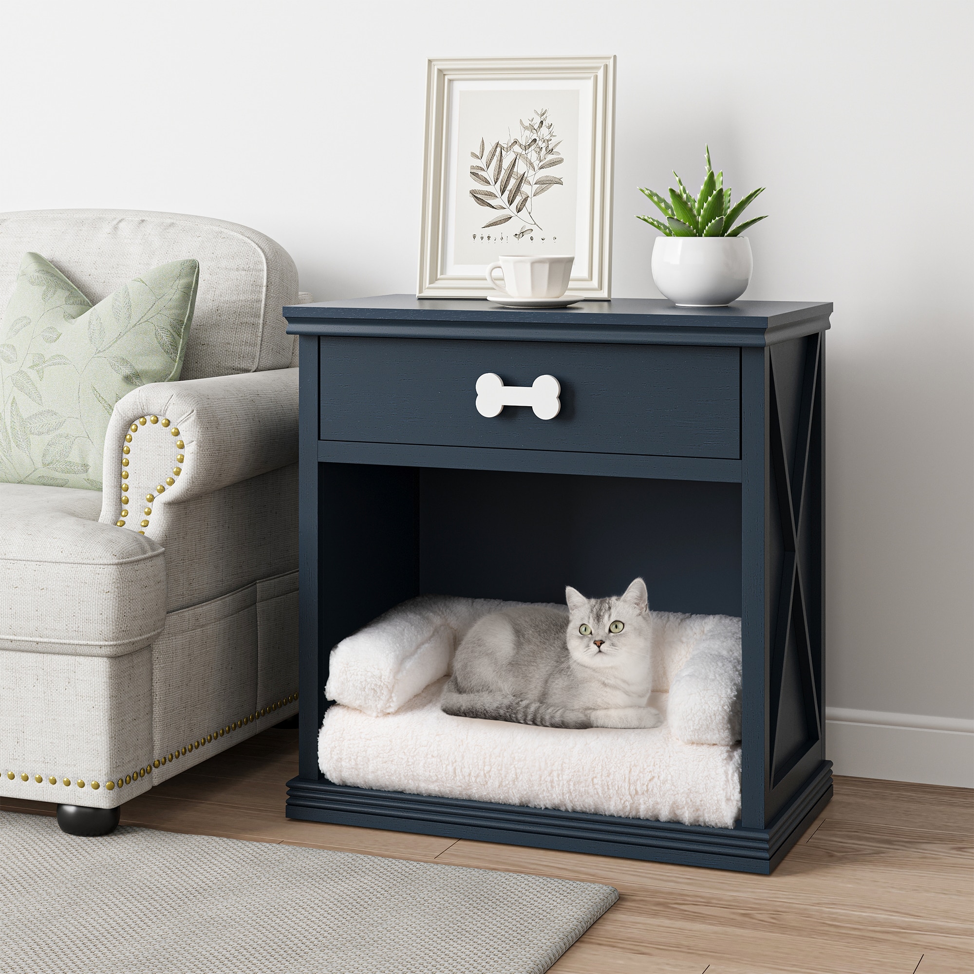 Cat Litter Box Enclosure with Large Drawer and Open Shelf Storage, Multi-functional Bedside Table with LED Light, Modern Nightstand End Table for Livi