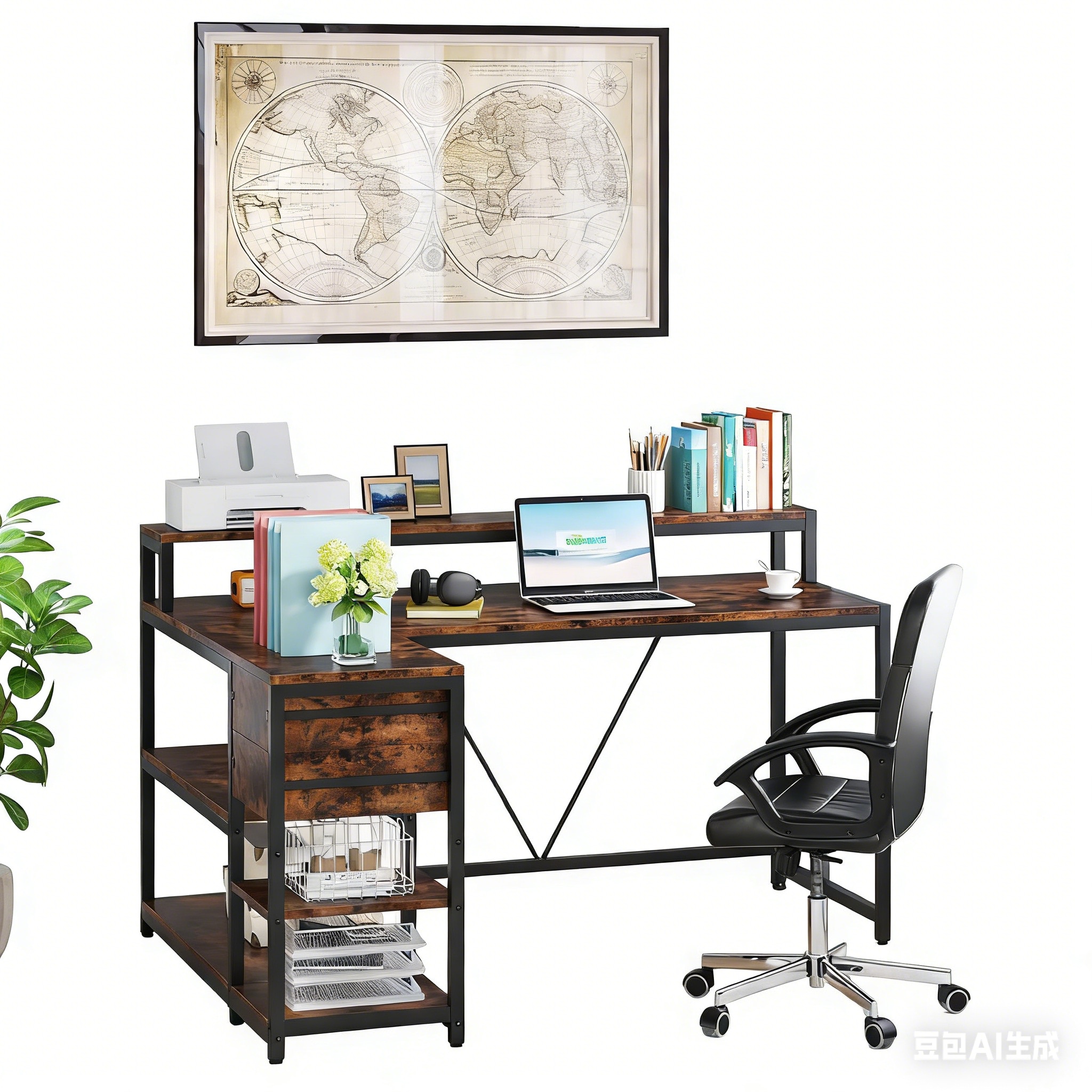 L-Shaped Desk, Industrial Corner Desk with Drawer & Shelves