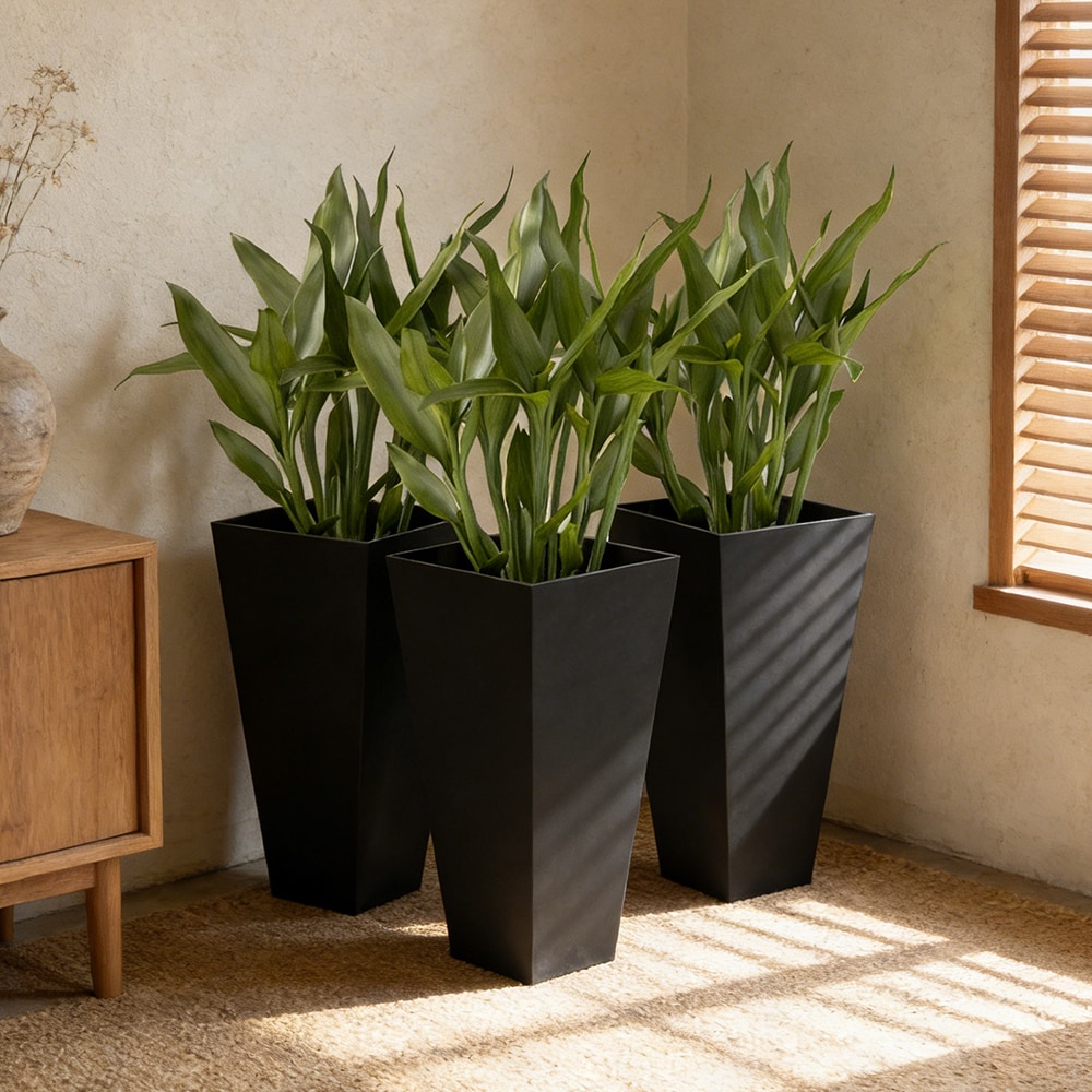 Tall Planters for Outdoor Plants Set of 3, 28 In Taper Planters with Drainage Holes, Indoor Grande Plant Pots, Front Porch Decor (Black)