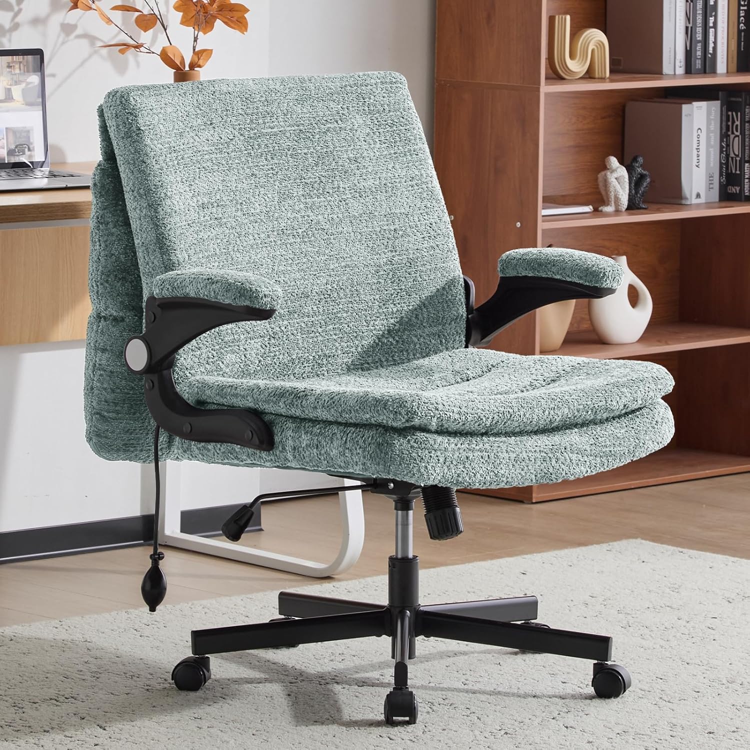 Criss Cross Legged Office Chair with Flip-Up Back Built-In Dynamic Airbag Lumbar Support, Wide Seat Desk Chair with Flip-Up Arms and Wheels, Modern Cr