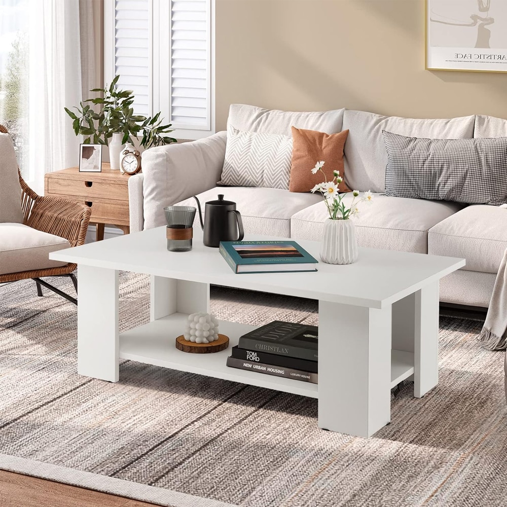 Large 41 Inch 2-tier Wooden Modern Coffee Table with Storage Shelf