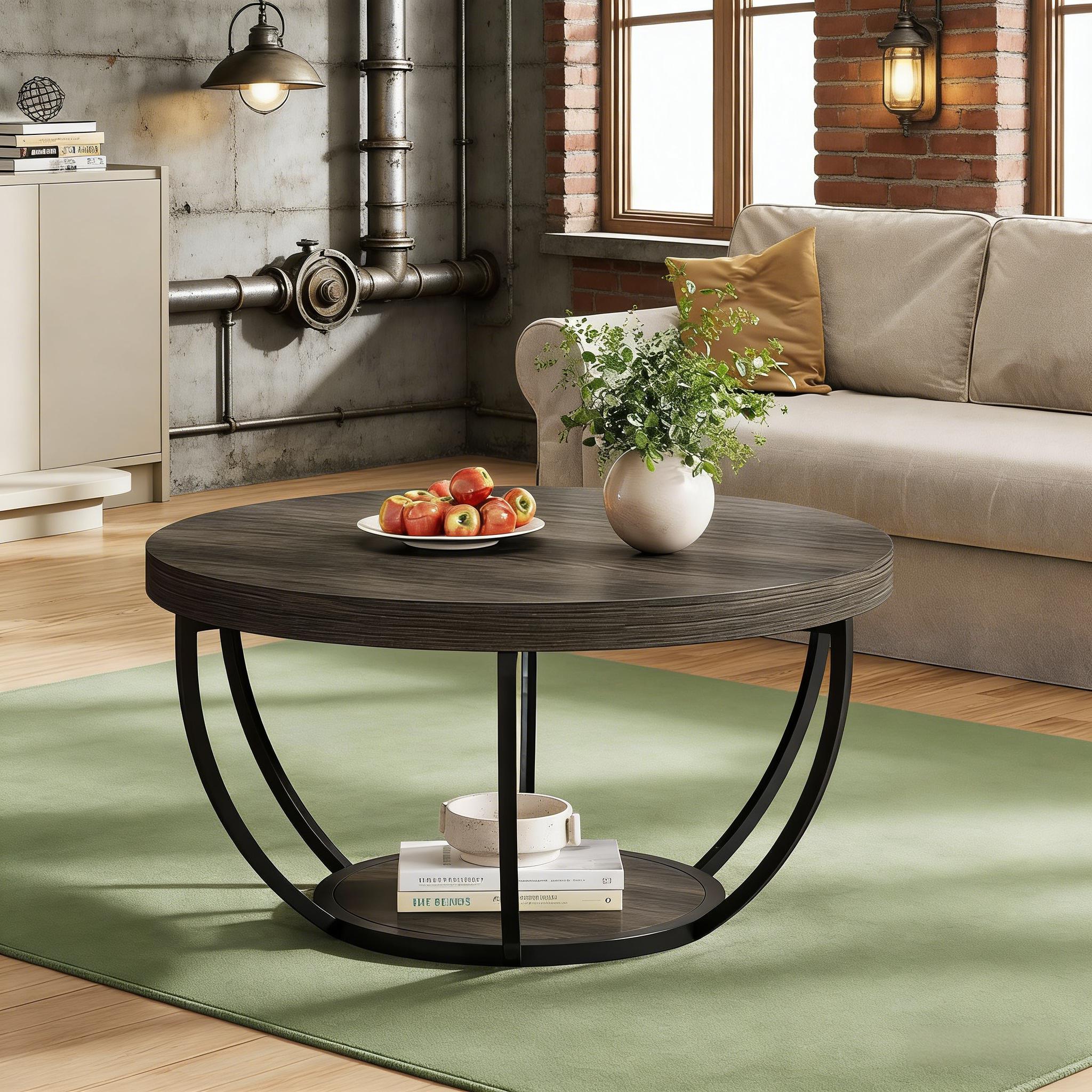 Wooden Coffee Table, 2-Tier Round Central Cocktail Table with Shelvesg
