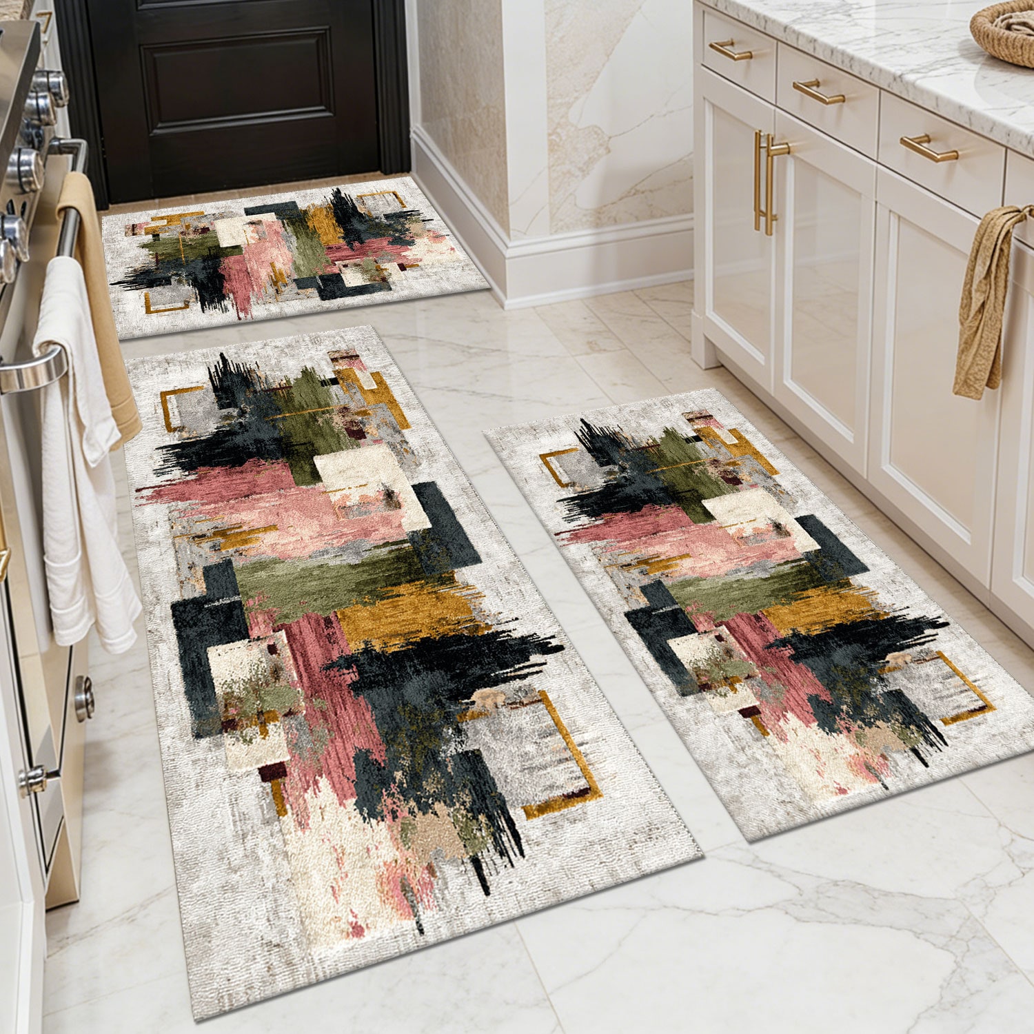 Three-piece kitchen rug set, non-slip and washable, abstract pattern kitchen hallway rug, soft and comfortable, suitable for sinks, floors, entrances,