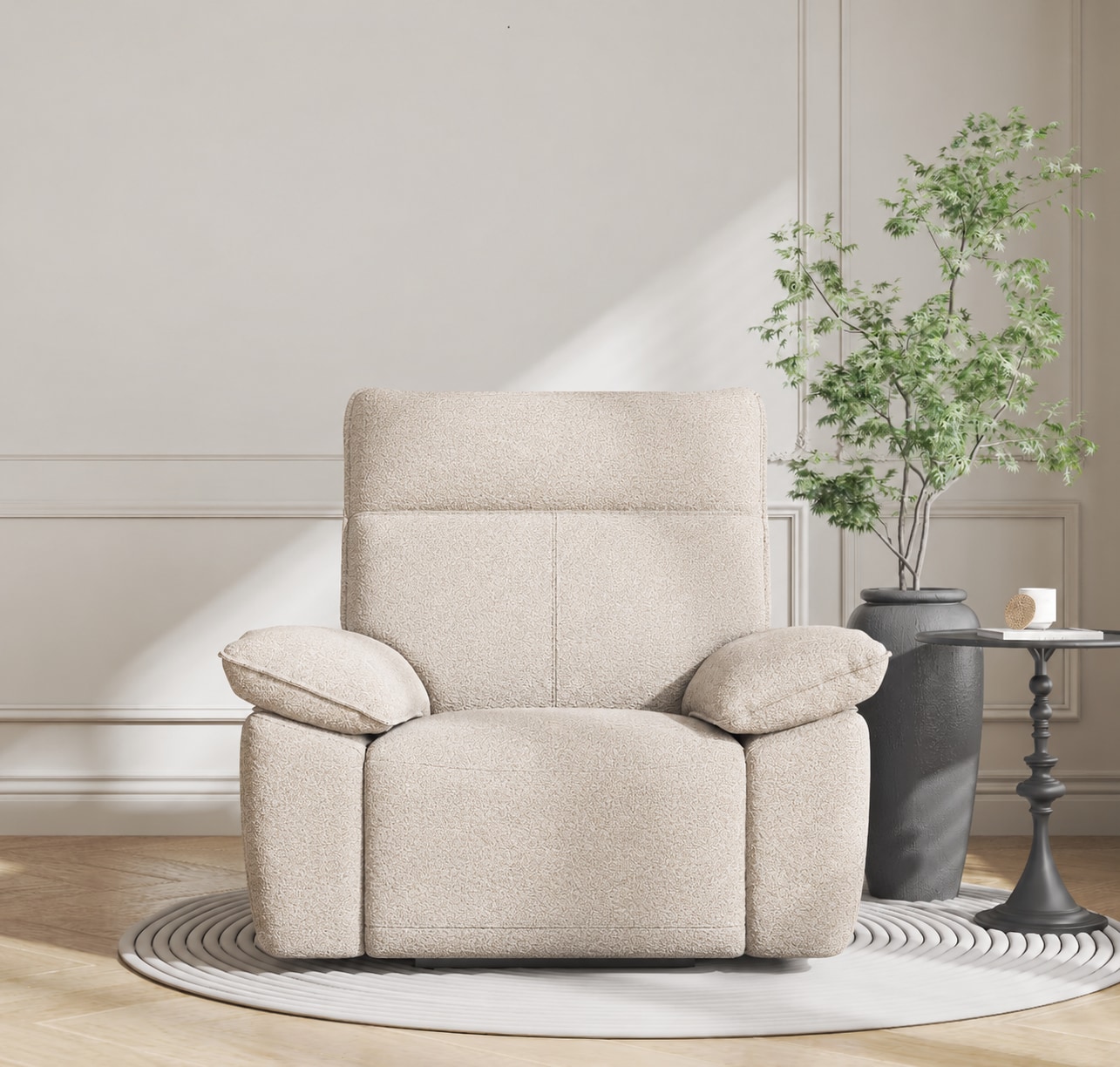 Power Recliner Chair, Modern Teddy Fabric Electric Reclining Sofa, Cream Beige Glider Rocker Armchair with Overstuffed Headrest & Lumbar Support for L