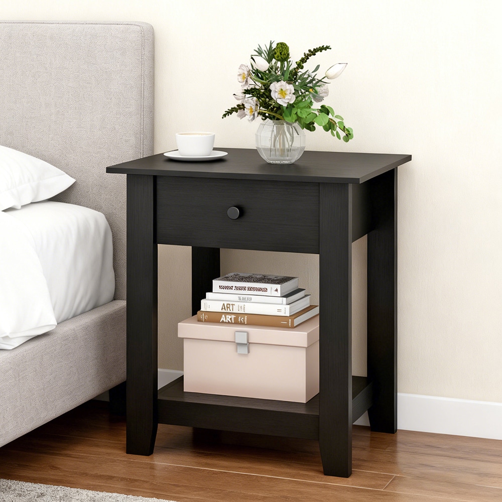 Nightstand with Drawer 3-Tier Modern Bedside Table with Open Shelf and Storage