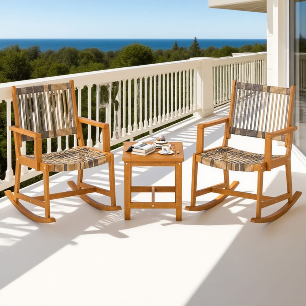 3 Piece Patio Rocking Set Acacia Wood Rocker Bistro Set with Rattan Seat and Back