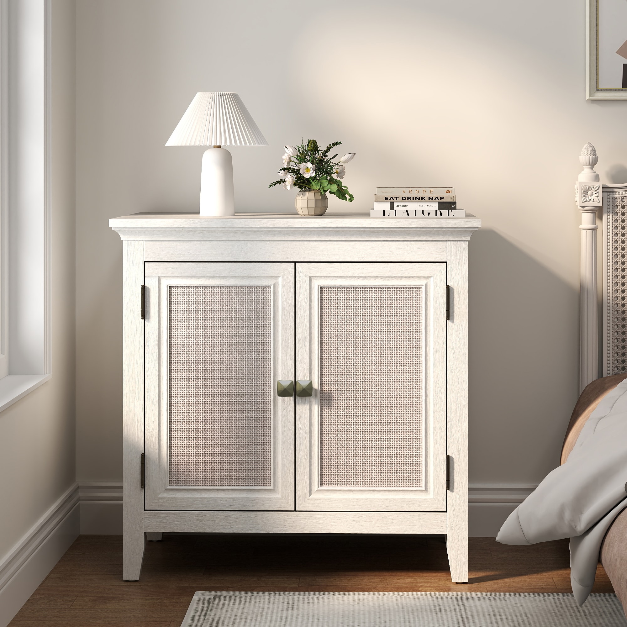Storage Cabinet, Kitchen Sideboard Cabinet with Rattan Decor Doors, Accent Buffet Cabinet with Adjustable Storage Shelf, Wood Cabinet Organizer for Ha