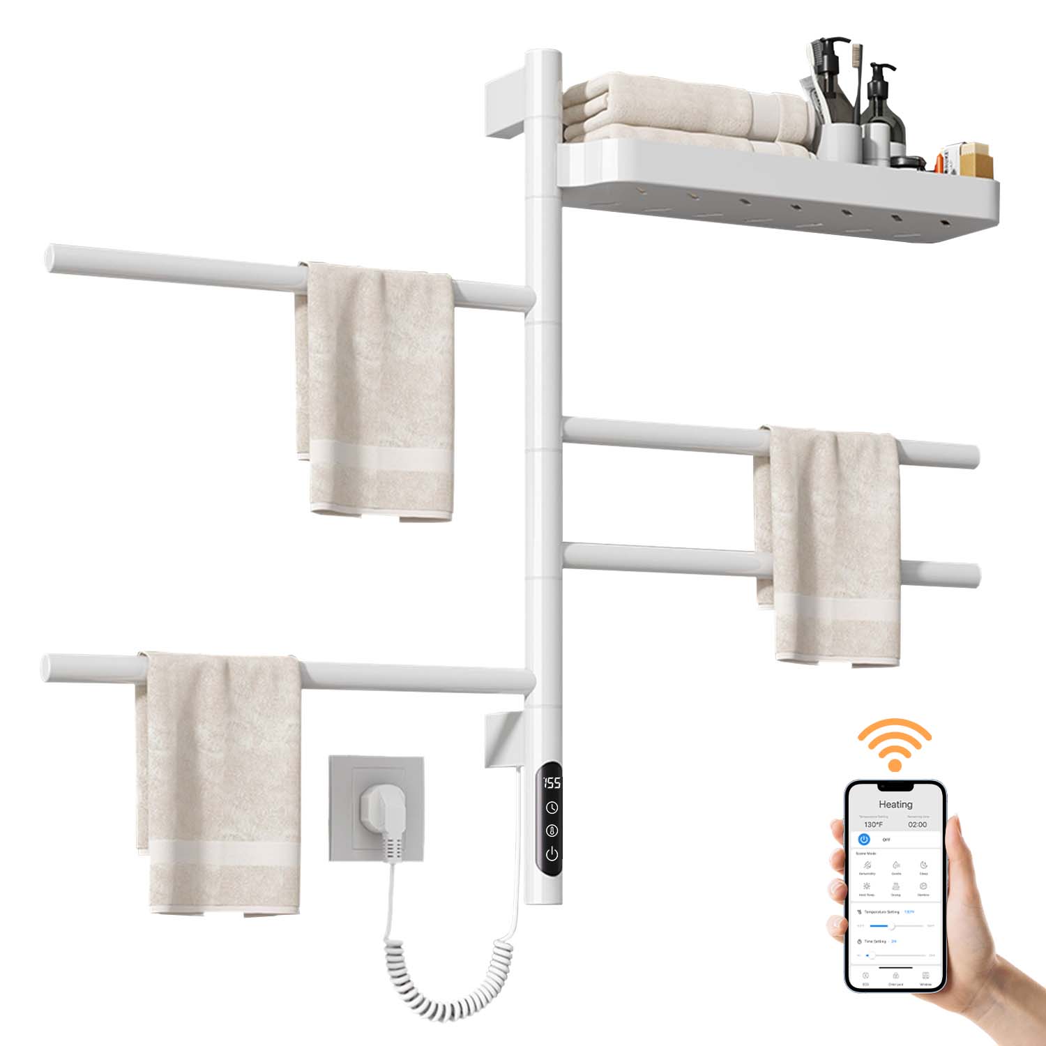 SIOYIE Smart Rotating Heated Towel Rack for Bathroom, Wall-Mounted Electric Towel Dryer with Swivel Bars & Shelf, Smart Timer, Low Carbon Steel, Plug-