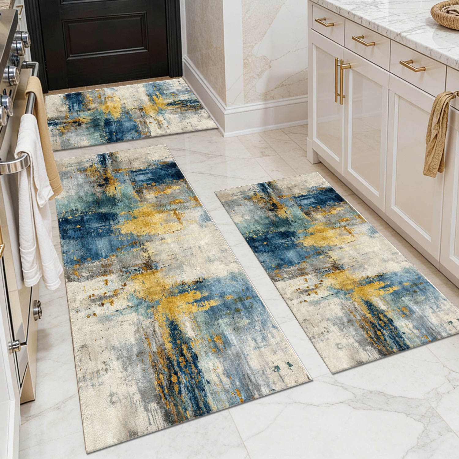 Three-piece kitchen rug set, non-slip and washable, abstract pattern kitchen hallway rug, soft and comfortable, suitable for sinks, floors, entrances,