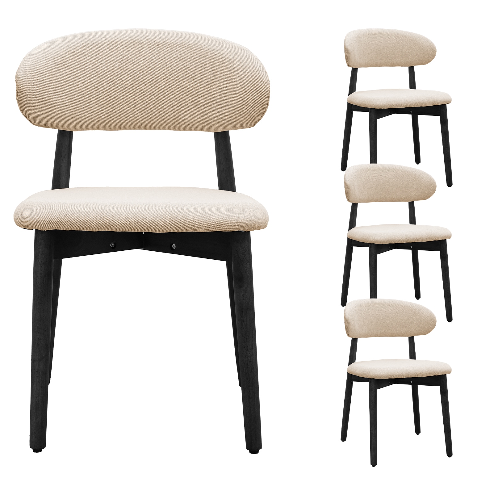 Beige Cotton-Linen Fabric Upholstered Dining Chair with Black Solid Wood Legs, Armless Chair Set of 4 for Kitchen, Restaurant, Living, Meeting Room