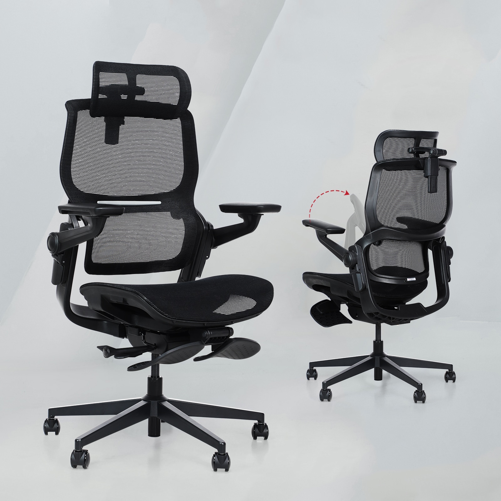 Ergonomic Office High Back Desk Chair with Integrated Ergonomic Backrest with 3D Headrest 6D Flip-up Armrest 136°Tilting Retractable Footrest Mesh Com