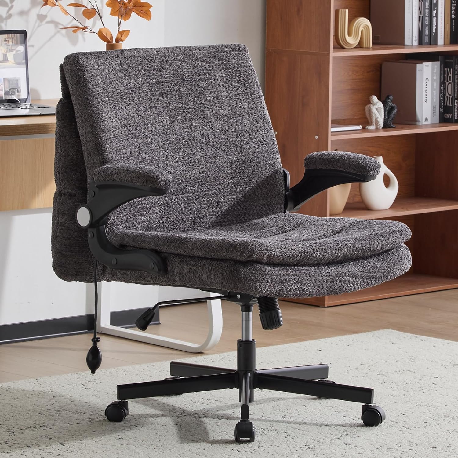 Criss Cross Legged Office Chair with Flip-Up Back Built-In Dynamic Airbag Lumbar Support, Wide Seat Desk Chair with Flip-Up Arms and Wheels, Modern Cr