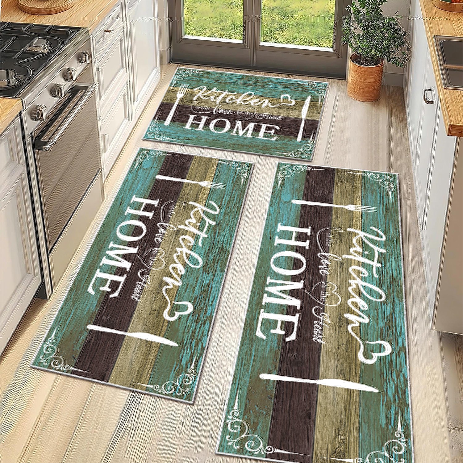Boho Kitchen Rug Sets 3 Pieces, Washable Kitchen Mats for Floor, Non Slip Soft Kitchen Area Rug Floor Mat for Kitchen, Laundry Room and Hallway (Teal,