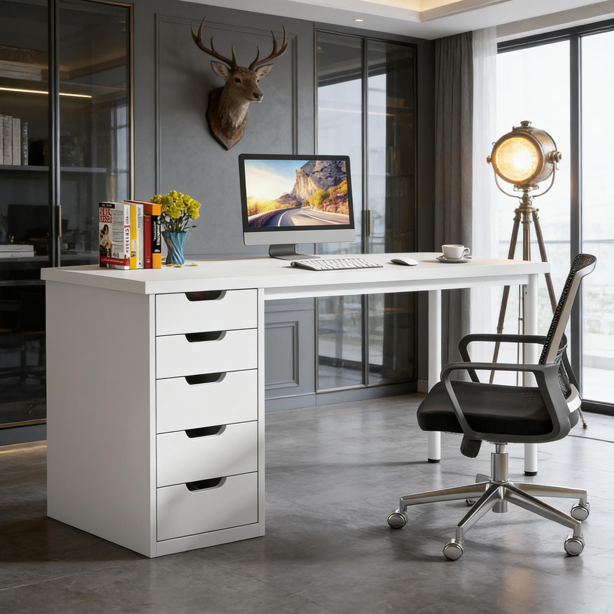 Computer Desk with 5 Drawers, Modern Study Table Writing DesW