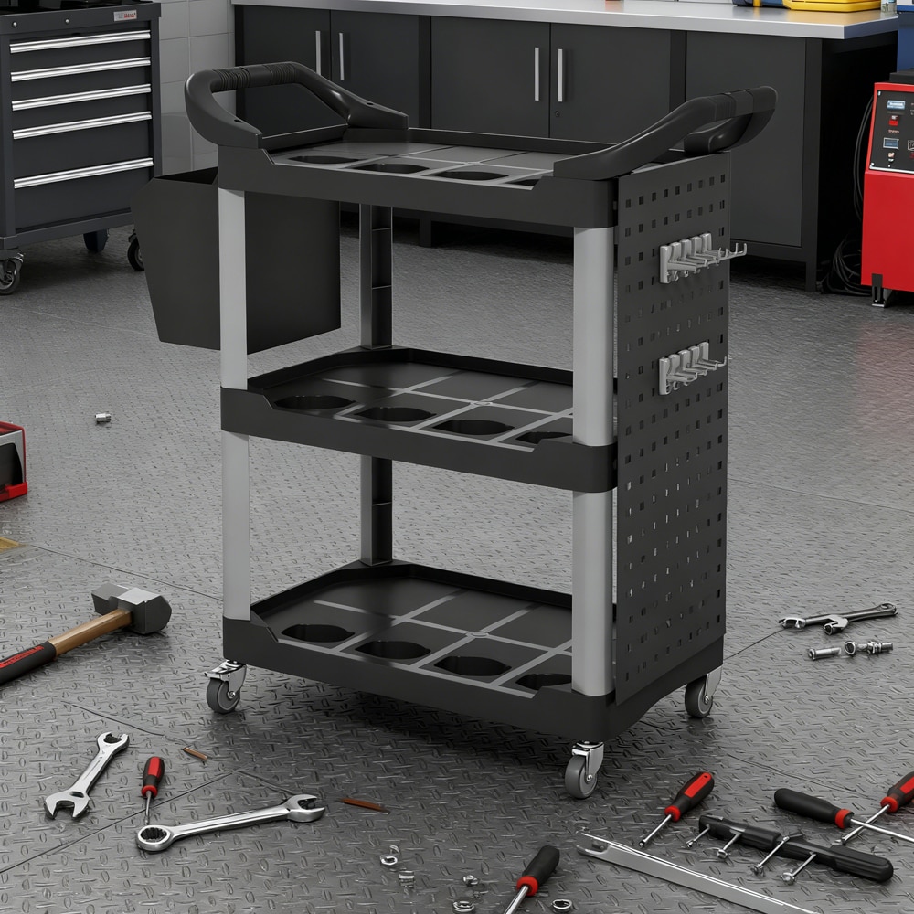 3-Tier Rolling Tool Cart, 200 LBS Capacity Plastic Utility Cart with Side Shelf and Bucket, Black and Light Gray
