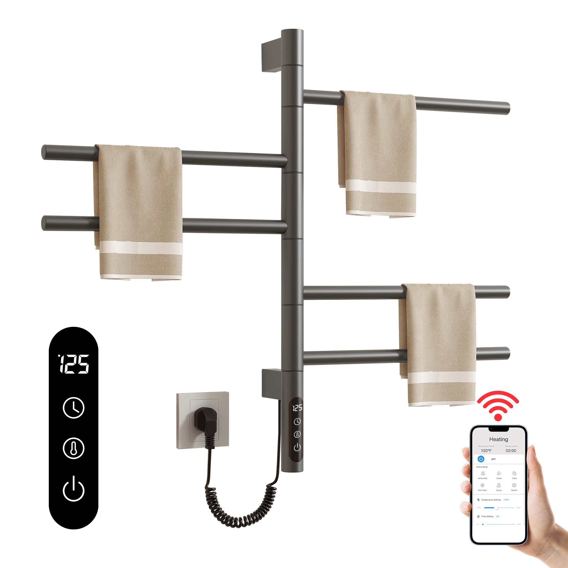 SIOYIE Smart Rotating Heated Towel Rack for Bathroom, Wall-Mounted Electric Towel Dryer with Swivel Bars, Smart Timer, Low Carbon Steel, IPX5, Plug-in
