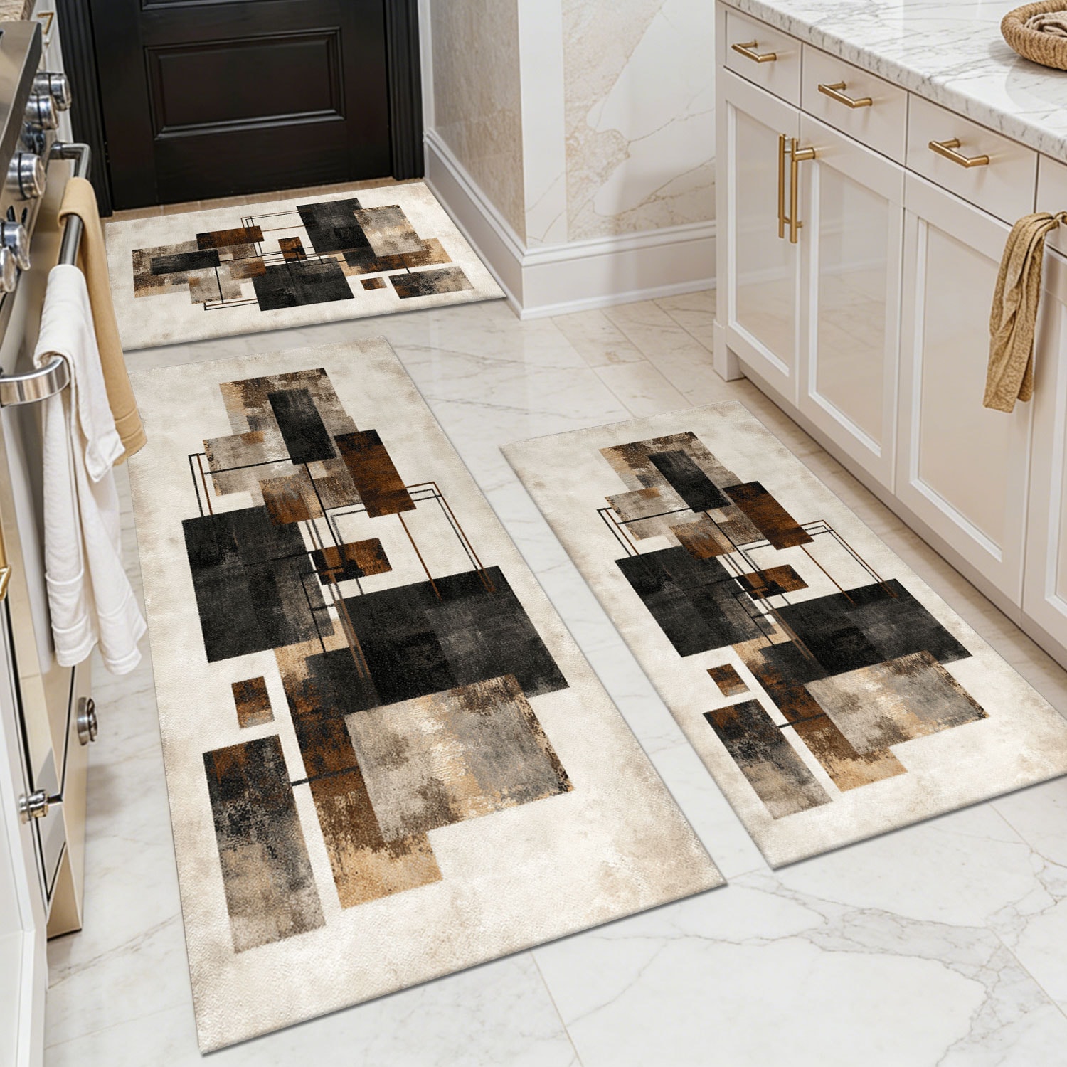 Three-piece kitchen rug set, non-slip and washable, abstract pattern kitchen hallway rug, soft and comfortable, suitable for sinks, floors, entrances,
