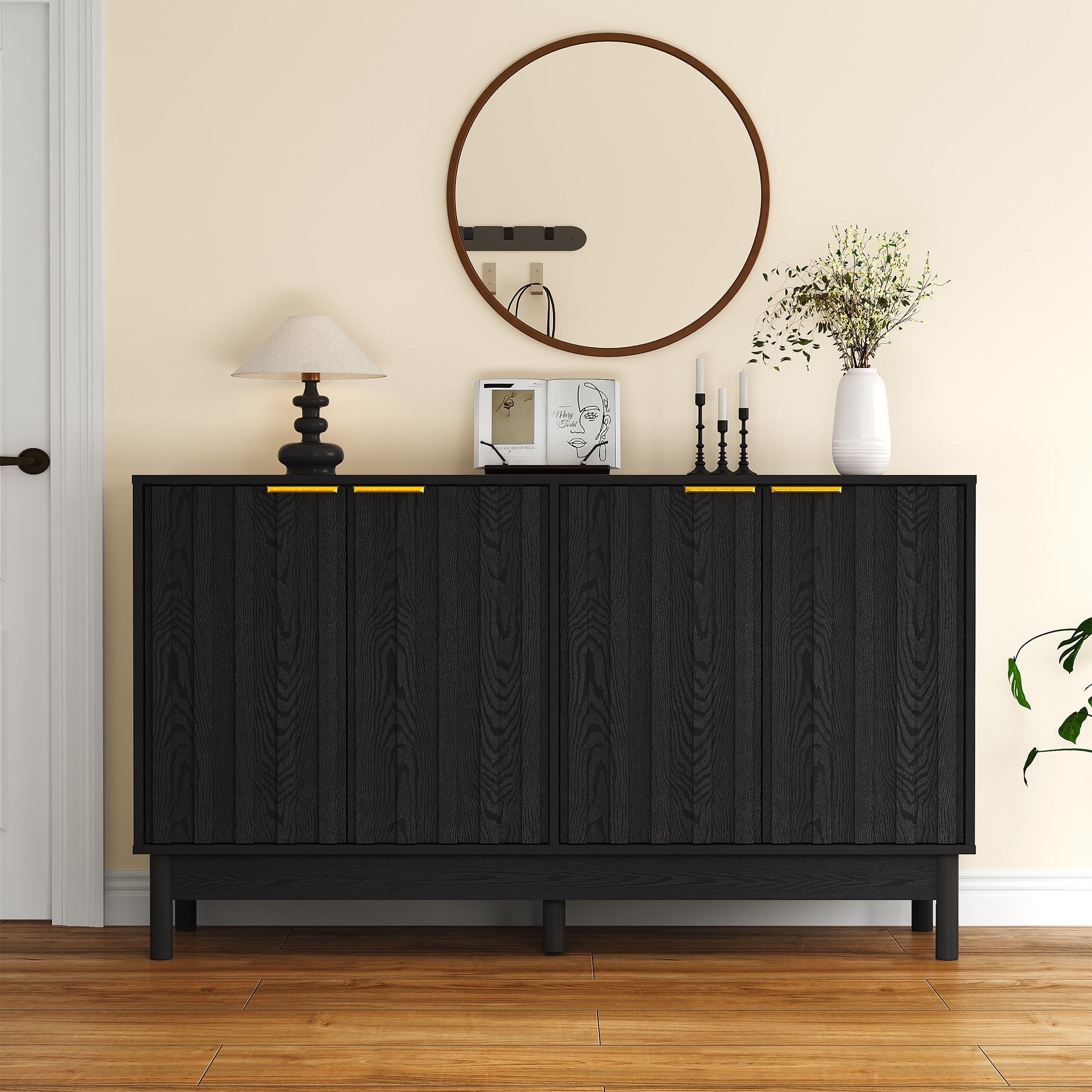 55'' Buffet Cabinet with Storage, Fluted Sideboard with Doors and Adjustable Shelves, Wood Credenzas Console Table, Coffee Bar Cabinet for Kitchen, Di