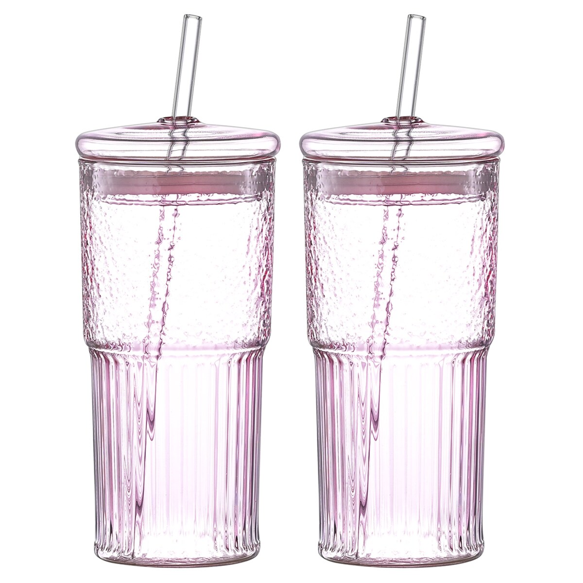 20 oz 2-pack pink glass straw cup with vertical pattern cup and lid, high borosilicate heat-resistant glass cup for juice, milk and cold drinks