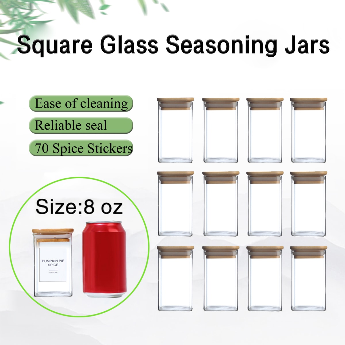 12 Pcs Empty Spice Jars with Label Pack (12x Bamboo Lid Glass Jar). Small 8oz Spice Storage Bottles with 72 Printed Spice Stickers and 20 Writable Pan