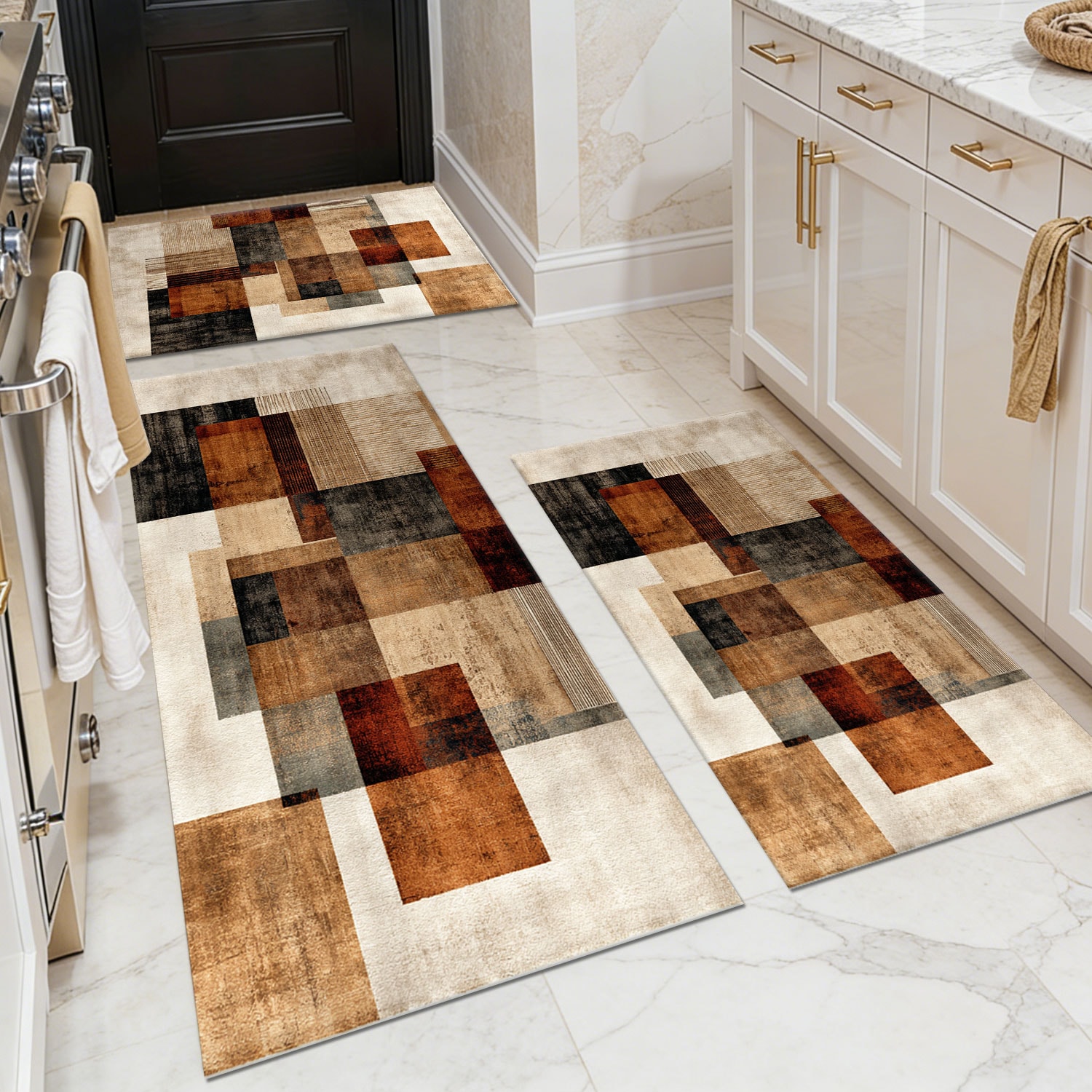 Three-piece kitchen rug set, non-slip and washable, abstract pattern kitchen hallway rug, soft and comfortable, suitable for sinks, floors, entrances,