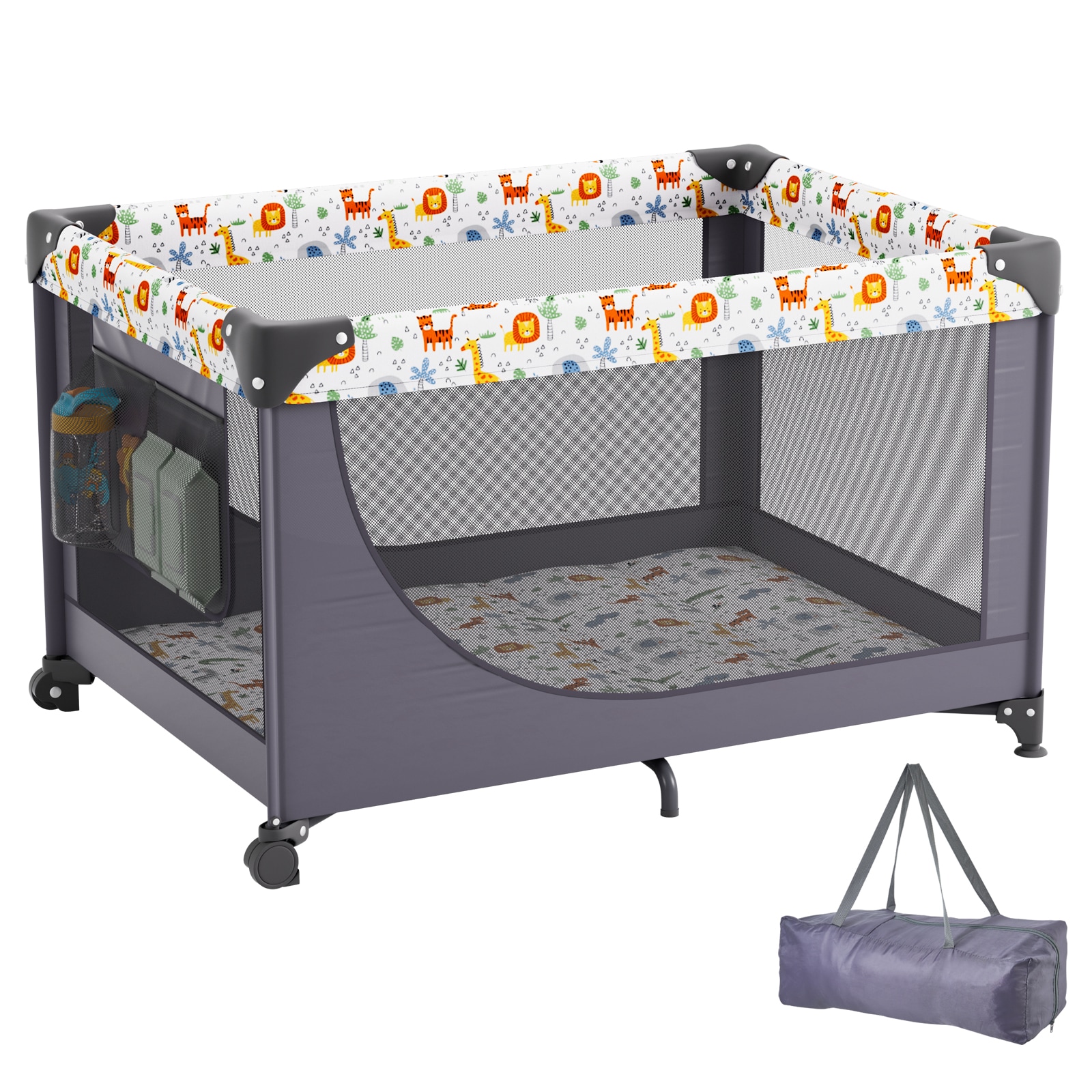 Baby Playpen Quick-Folding Portable Baby Toddler Fence Play Yard & Wheels