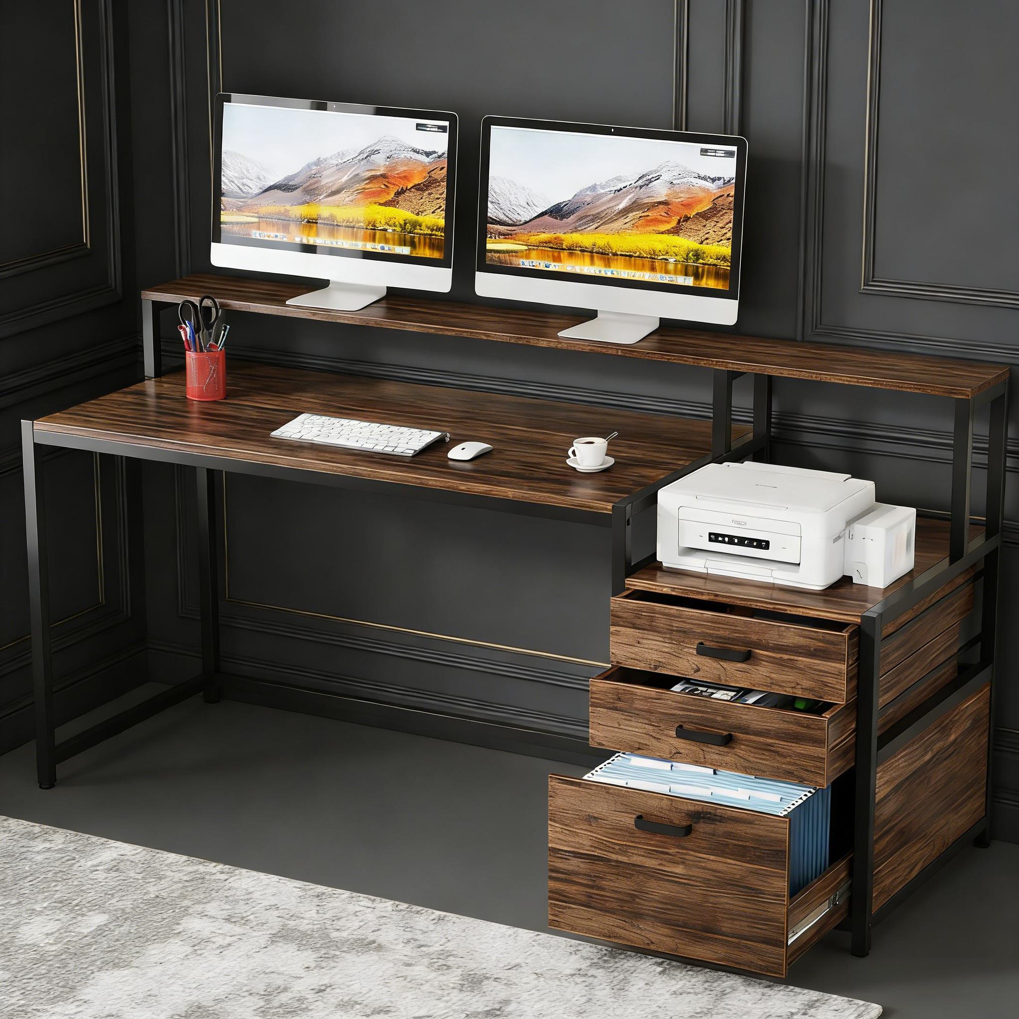 Computer Desk, Ergonomic Office Desk with Drawers & Monitor Stand
