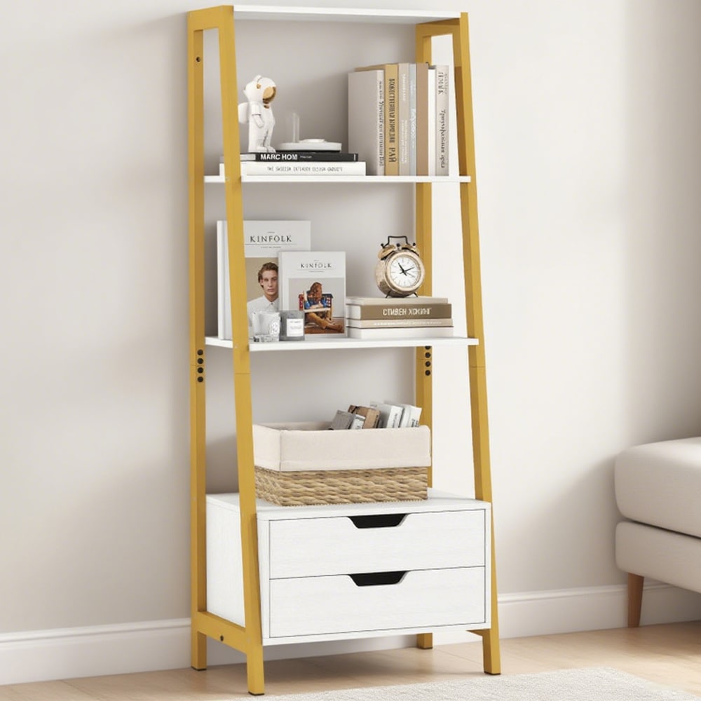 4-Tier Ladder Shelf with 2 Drawers 52.5 Inch Tall Freestanding Bookcase