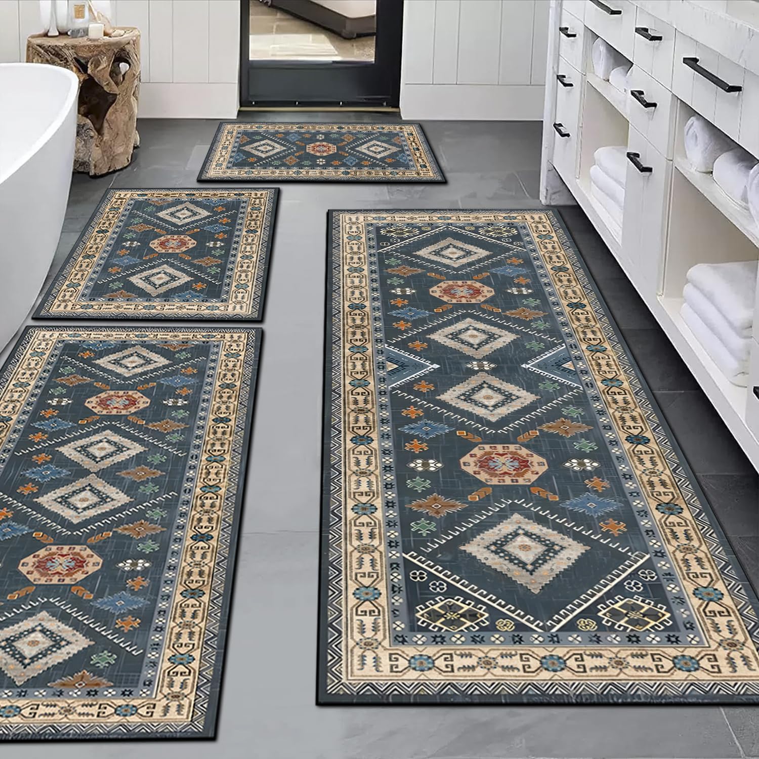 Boho Kitchen Rugs Sets 4 Piece with Runner Floral Kitchen Floor Mat Carpet Farmhouse Kitchen Rugs and Mats Non Skid Washable Runner Rug for Kitchen Fl