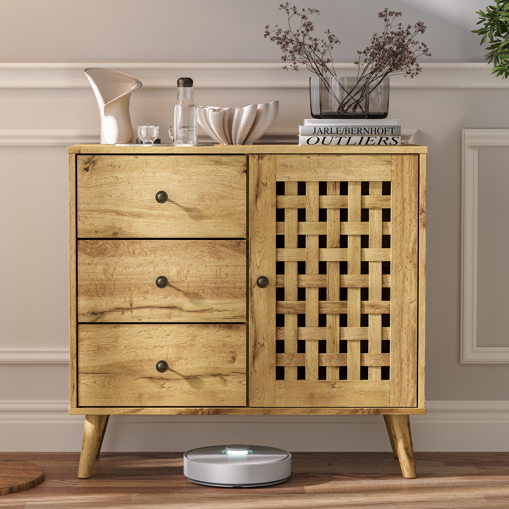 Storage Cabinet with a Basket Weave Wooden Door & 3 Drawers, Coffee Bar Cabinet with Adjustable Shelves, Vintage Buffet Sideboard for Living Room, Hal
