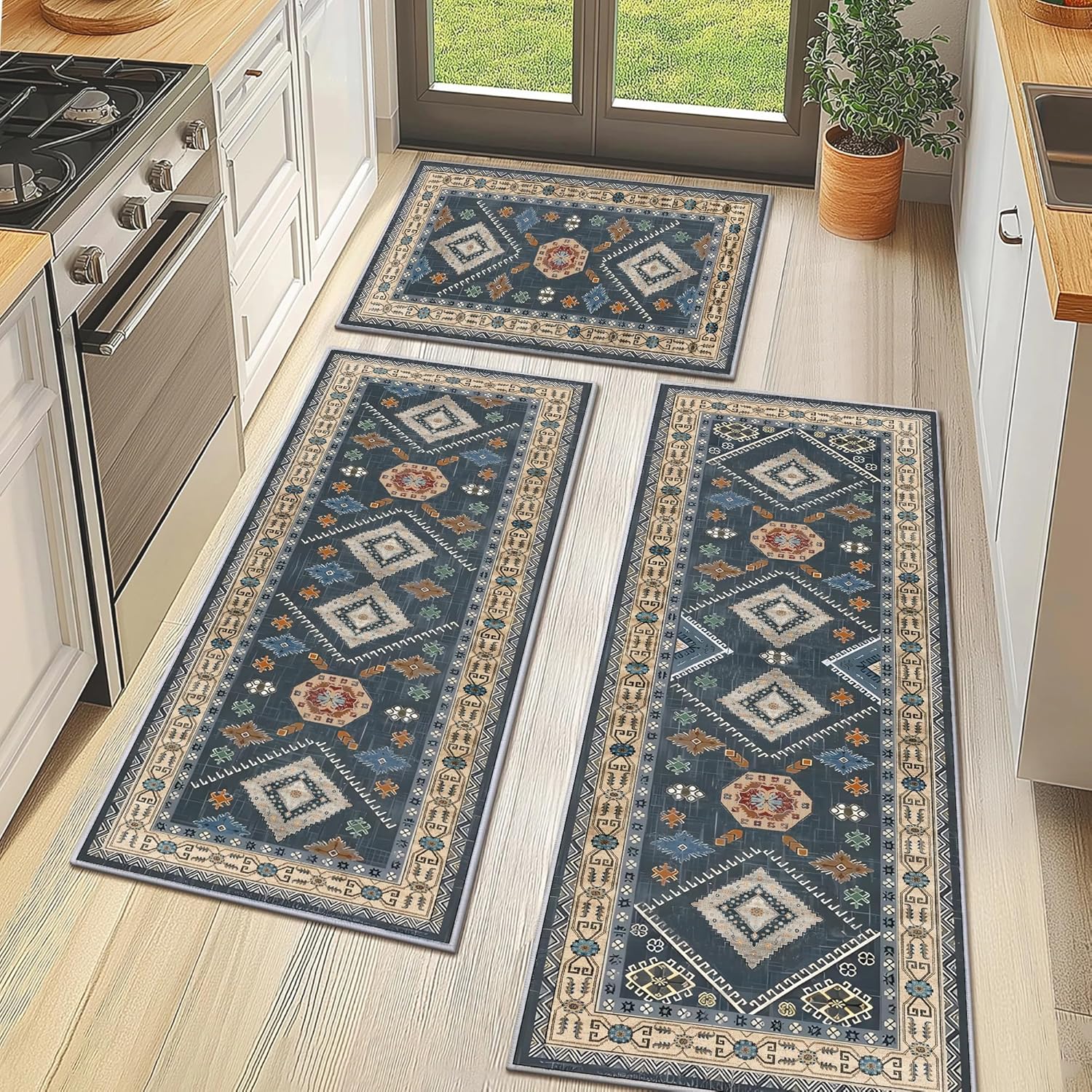 Washable Kitchen Rugs Set of 3 Piece Non Slip Runner Set Boho Kitchen Runner Mat Decor Carpet for Hallway Laundry