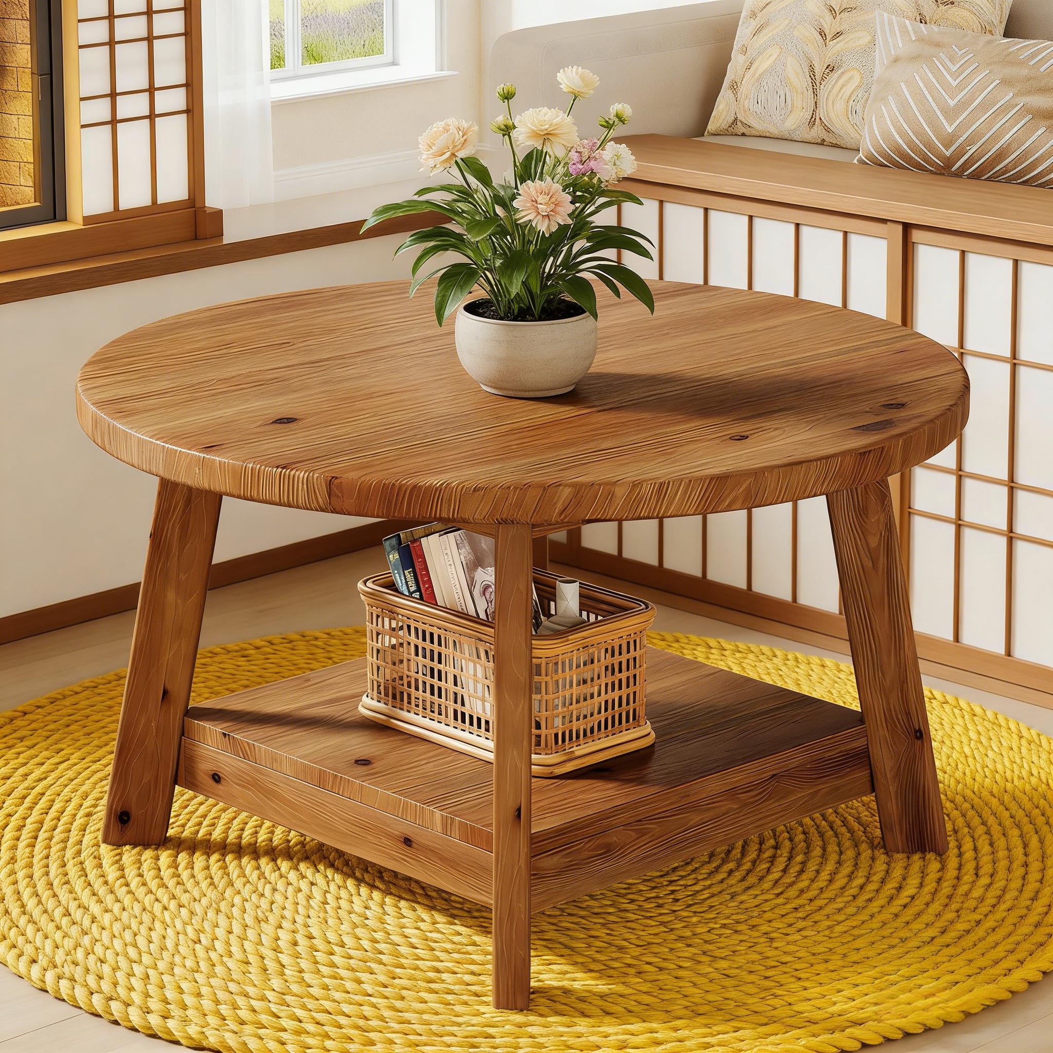 Round Coffee Table, 2-Tier Solid Wood Center Cocktail Accent Table