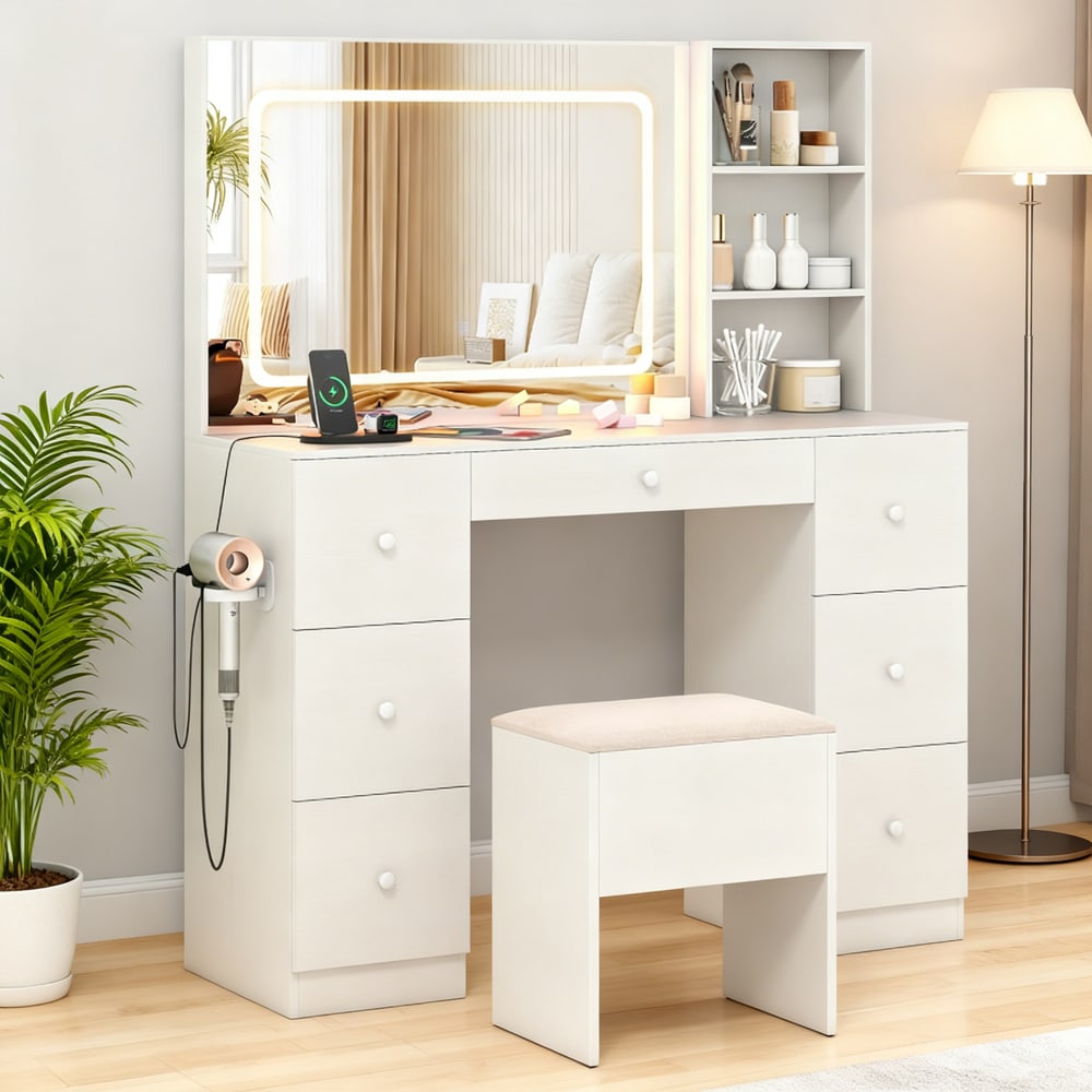 Vanity Desk with Mirror and Lights Makeup Dressing Table Vanity Table and Stool Set