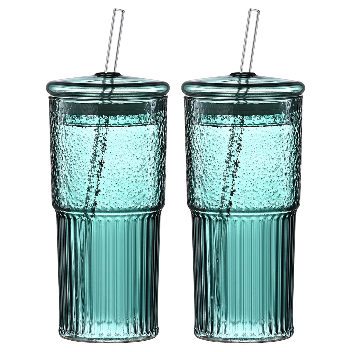 20 oz 2-pack green glass straw cup with vertical pattern cup and lid, high borosilicate heat-resistant glass cup for juice, milk and cold drinks