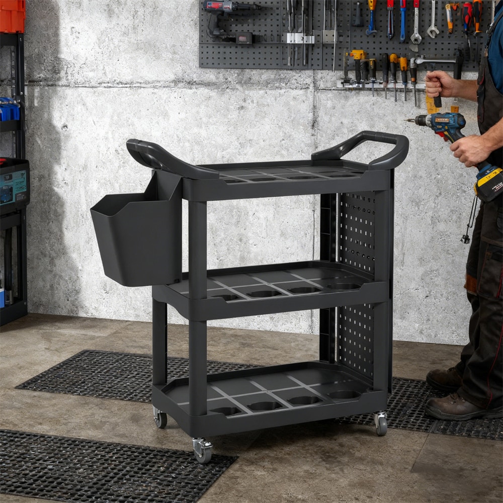 3-Tier Rolling Tool Cart, 200 LBS Capacity Plastic Utility Cart with Side Shelf and Storage Bucket, Black
